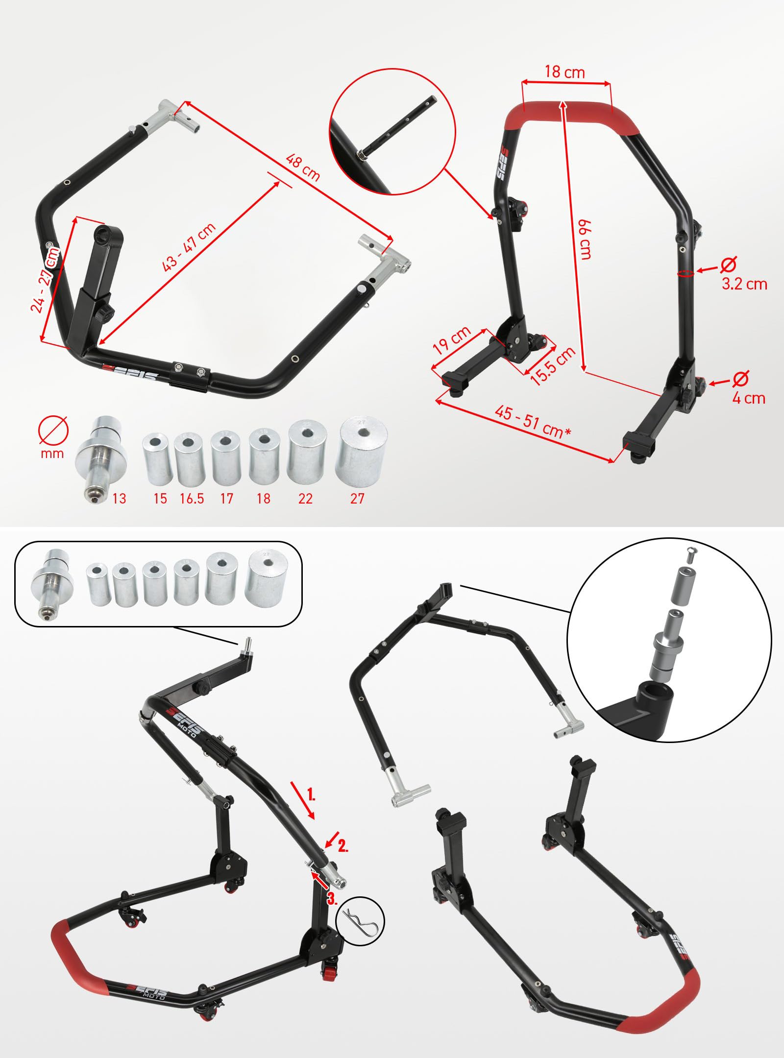 SEFIS M20u - Soporte para motocicleta plegable con cabezal de dirección para rueda delantera, elevador de moto, soporte de servicio delantero para motocicleta, soporte de montaje delantero para