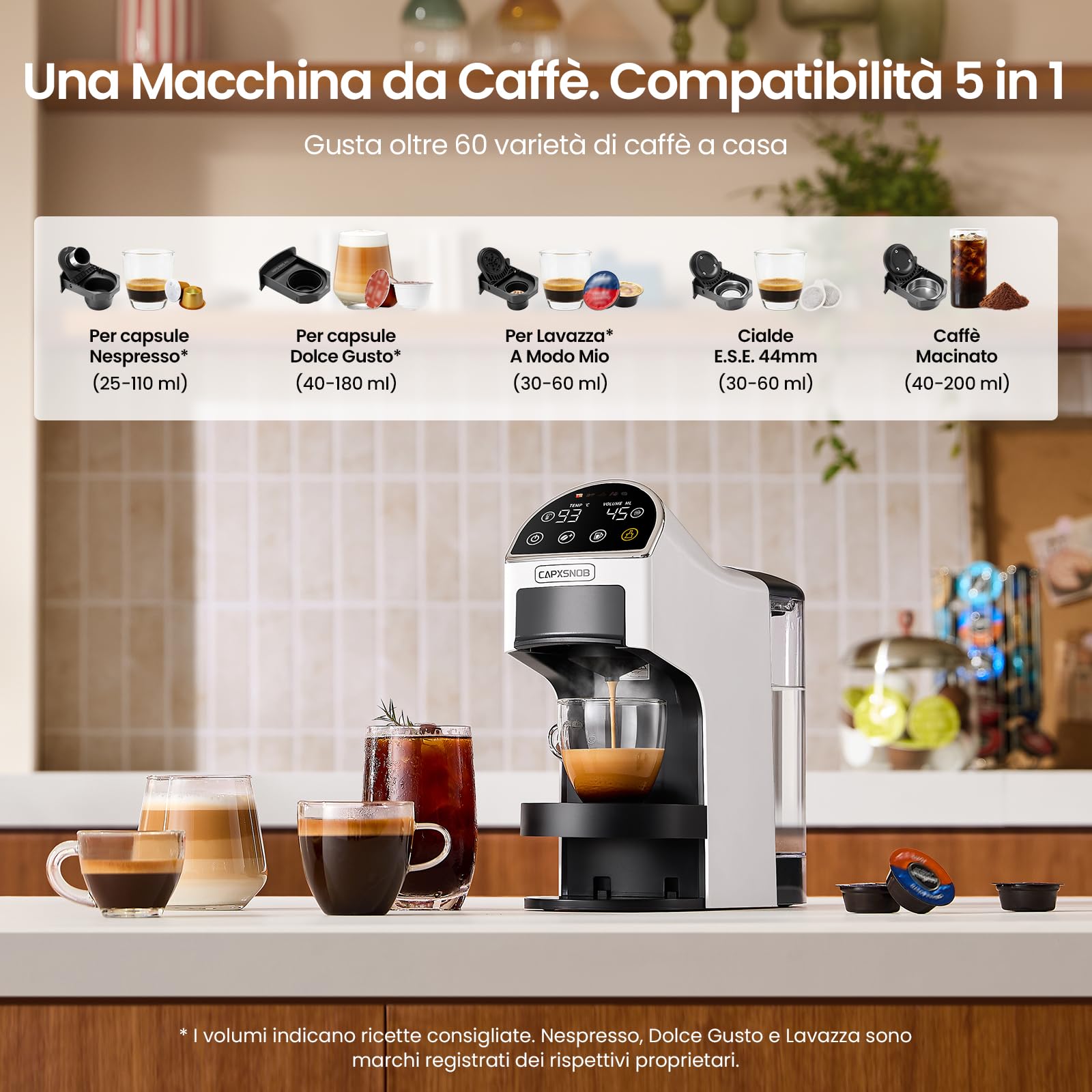 Magician2 Macchina da Caffè a Cialde e Capsule 5 in 1 per Casa e Ufficio | Adatto per ESE 44mm, Nespresso, Dolce Gusto, A Modo Mio, Macinato - Auto-Lock, TouchLED, Volume/Temp Regolabili, Preinfusione