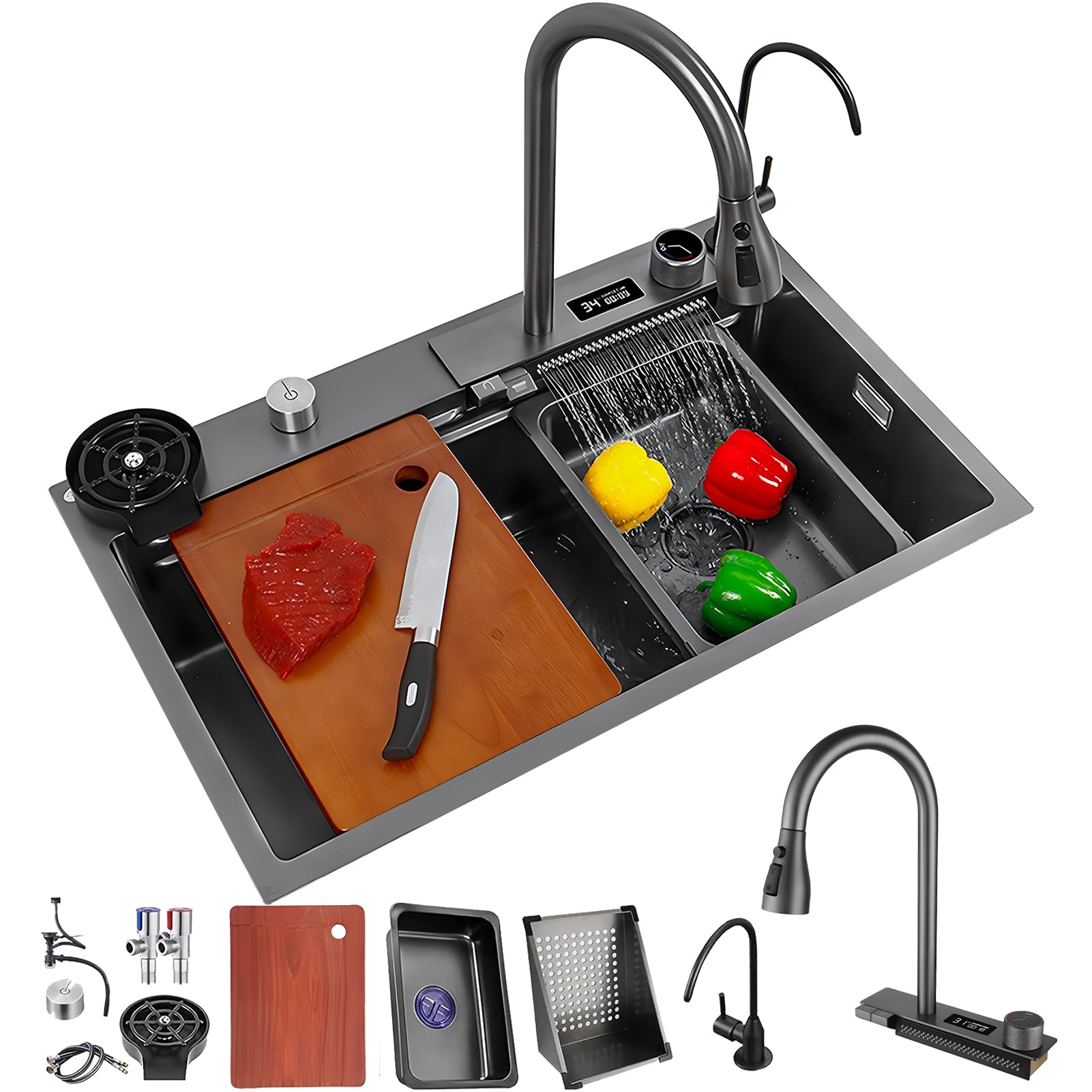 ZQFHSX Kitchen Sink, 304 Stainless Steel Nano Raindance Waterfall With Pull-Out Faucet Single Bowl Big Sinks, Sink Drain Strainer And Accessories (Size : 68x46cm)