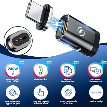 USB C Magnetic Adapter 240W, (2 Pack) Magnetic USB C Adapter 24 Pin Straight with USBC 4 40Gbps 8K 60Hz Video for iPhone 15/16 Series, Thunderbolt 3/4, MacBook Pro/Air and More Type C Devices