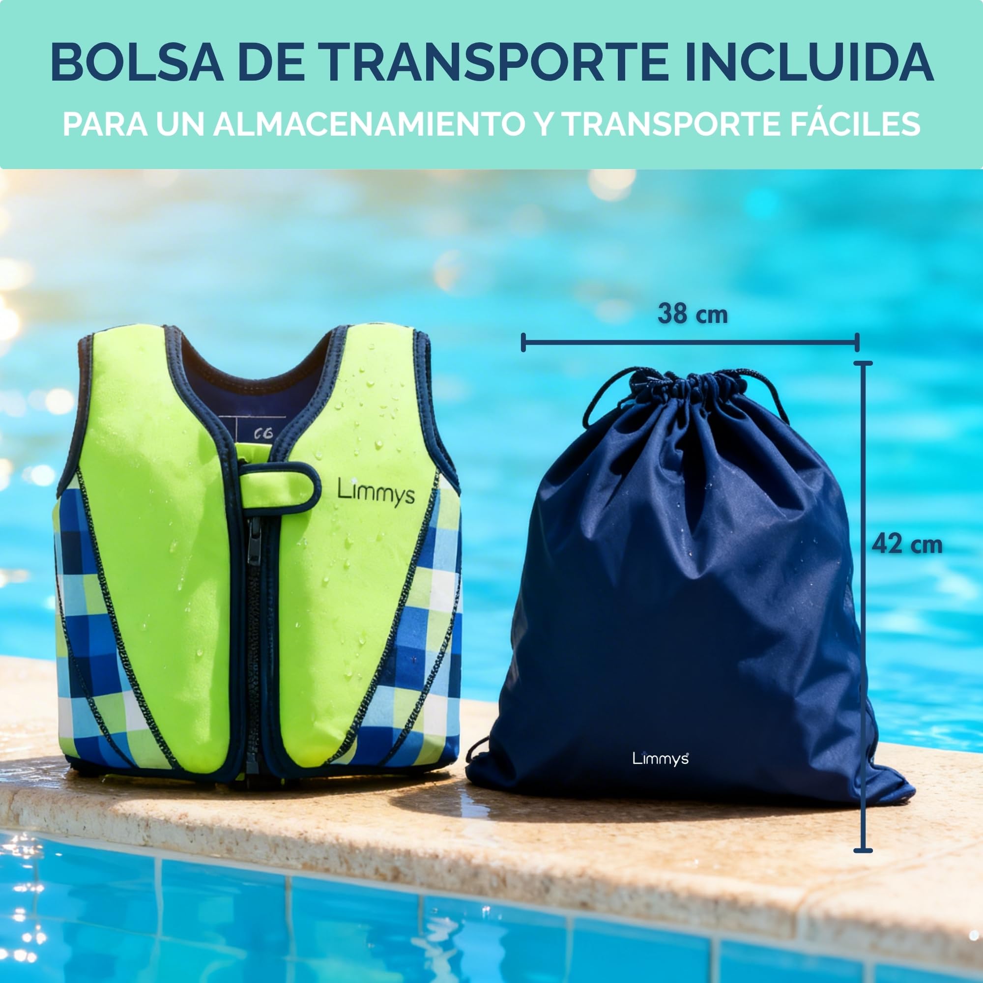 Chaleco de Natación Limmys para Niños – Sistema de Flotación Ajustable de 8 Paneles, Certificado CE, Diseño Premiado, Neopreno Suave, Construcción Resistente, Bolsa de Transporte Incluida