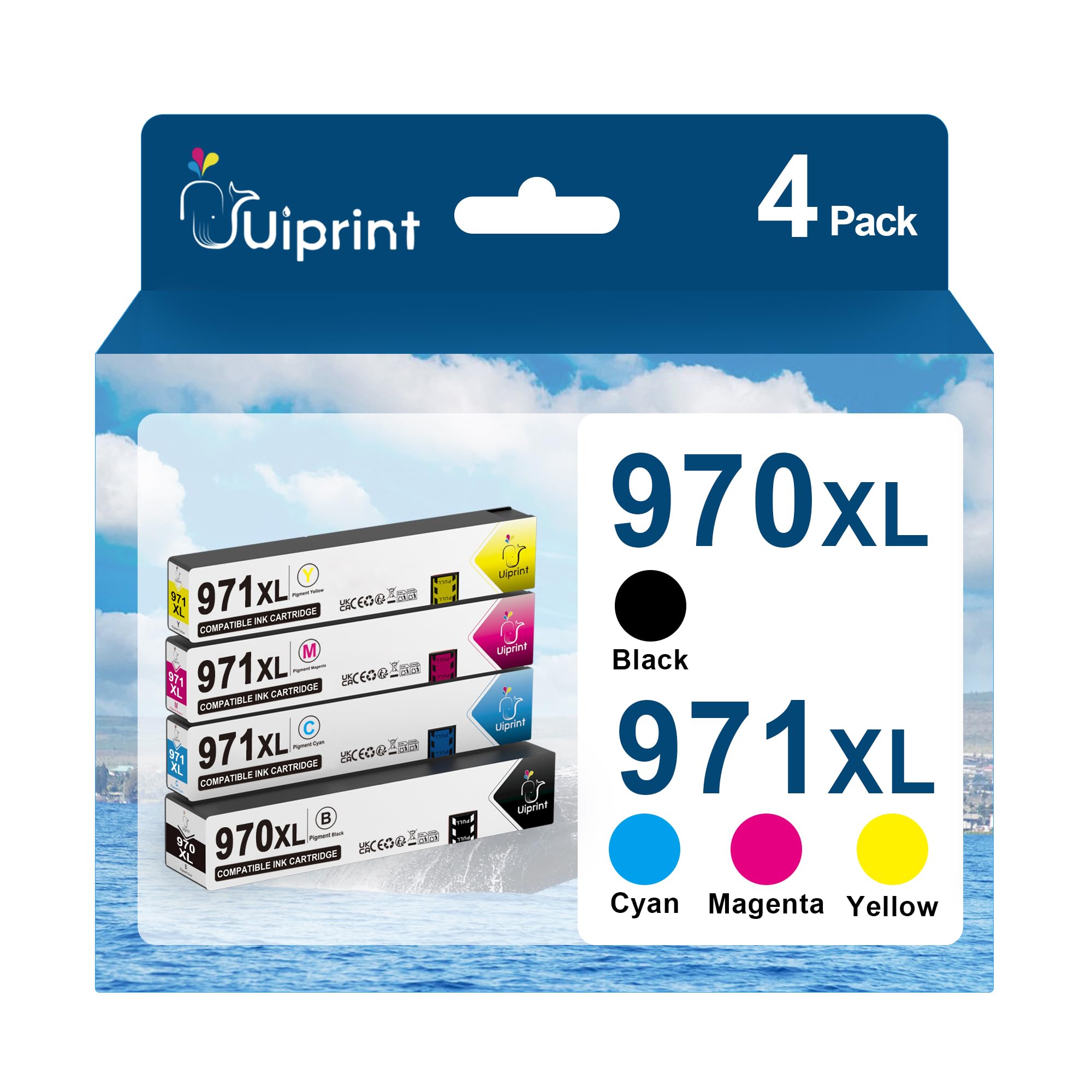 Uiprint 970XL 971XL Cartuccia d'inchiostro Sostituzione per HP 970 971 XL per Officejet Pro MFP X451dw X476dw X551dw X576dw X451dn X476dn (1 Nero,1 Ciano,1 Magenta,1 Giallo)