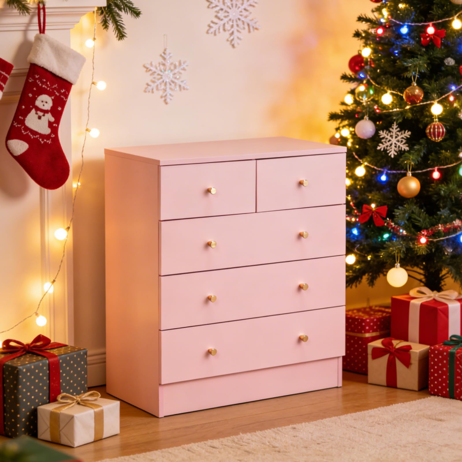 Karl home Pink 5 Drawer Dresser, Rose Gold Handle Modern Bedroom Chest