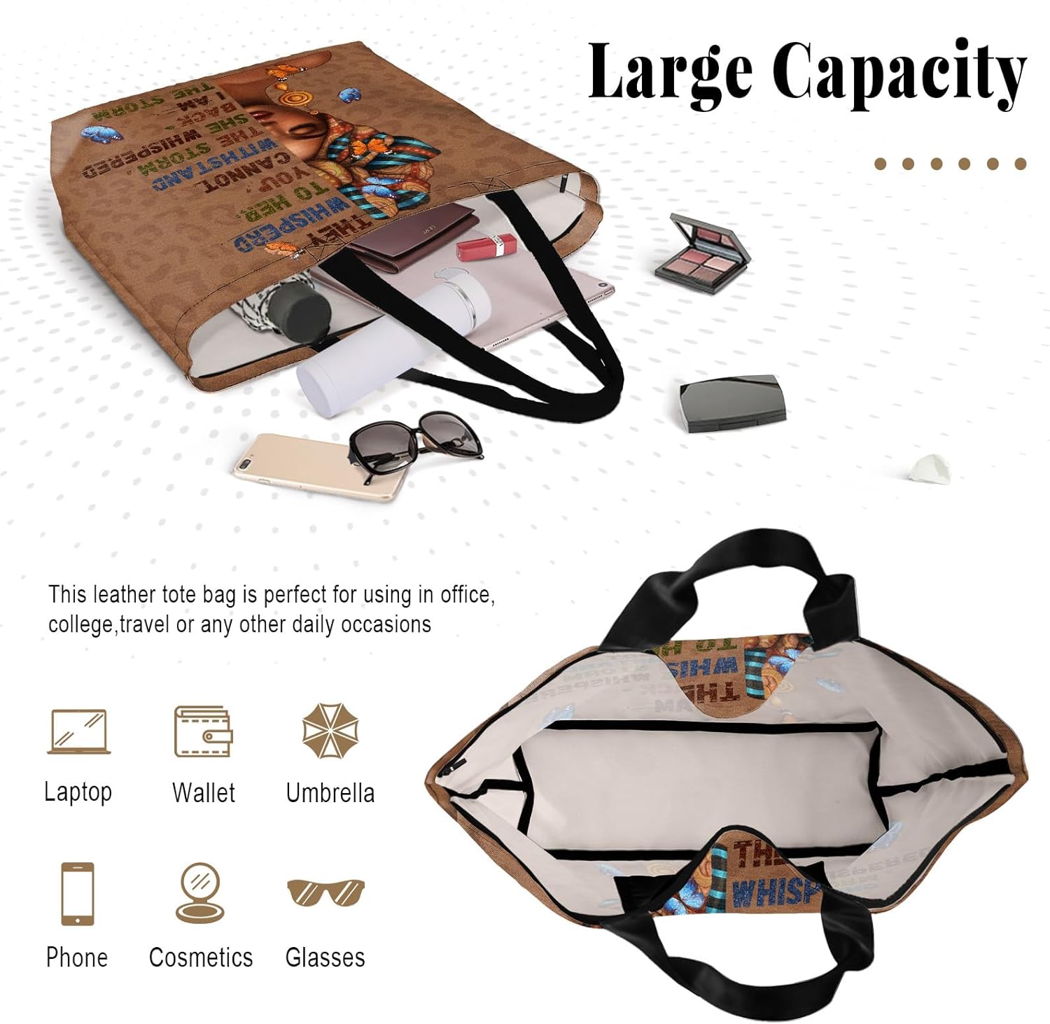 African American Women Tote Bag Black Shoulder Handbag For Women Fit Work Beach Labtops With Zip - Image 4