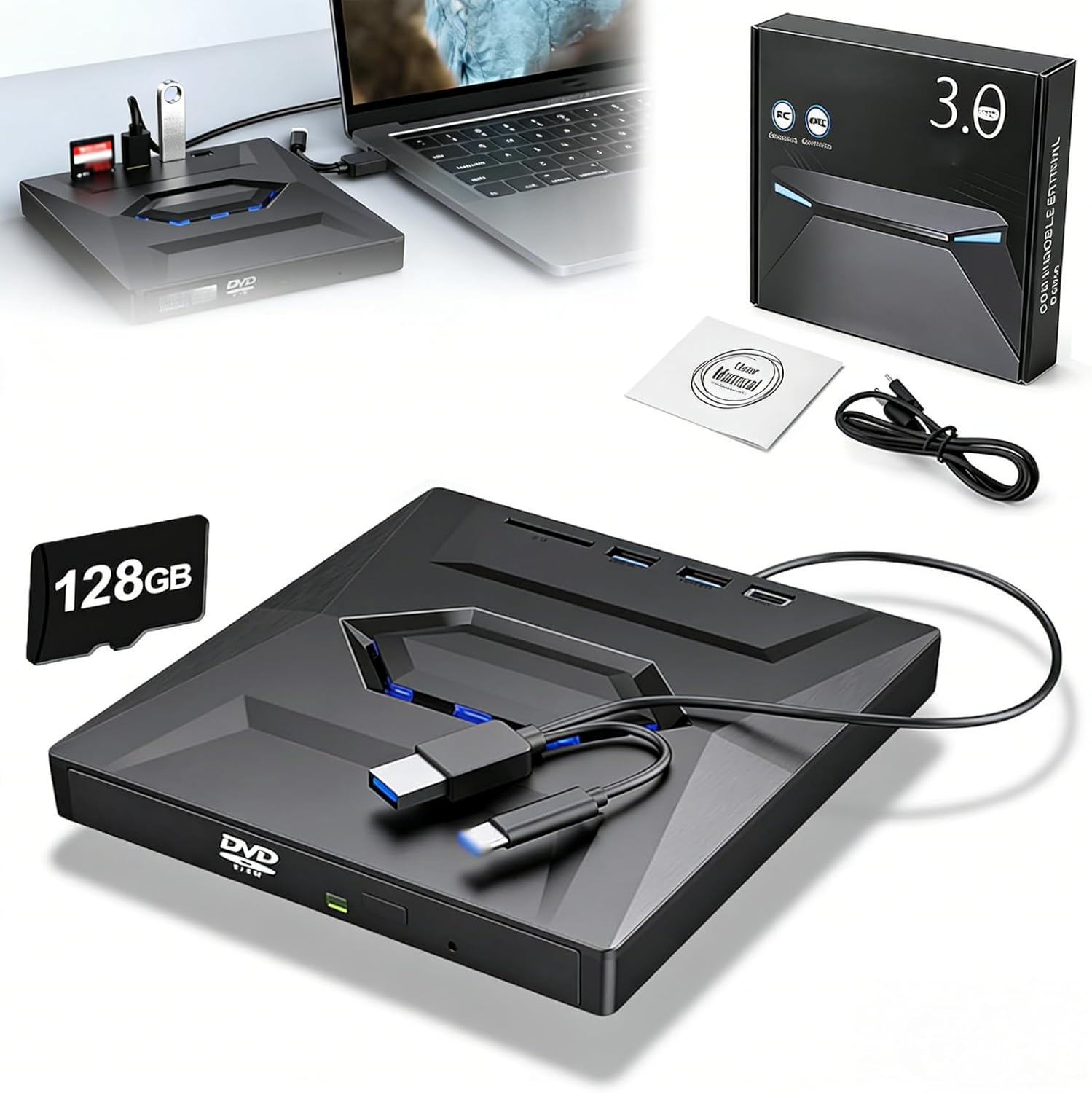 2026 Upgrade Retro Laptop CD DVD Playe | 7 in 1 USB C 3.0 Portable CD Burner with SD/TF Card Reader, External CD/DVD Drive for Laptop, USB/Type-C External DVD Burner for Mac (1*CD/DVD Drive)