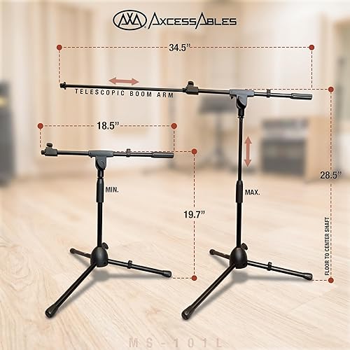 Miniatura 2 de AxcessAbles - Soporte corto para micrófono con brazo de pluma | Soporte de trípode de micrófono de perfil bajo para tambores | Soporte de