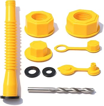 Gas Can Spout Replacement Kit, 1/2/5/10 Gallon Nozzle Set, 2 Size Screw Collars, Vent & Base Caps, Drill Bit, Thick Rubber Pad & Spout Cover Yellow