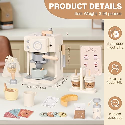 Miniatura 3 de Juego de café de madera para niños con molinillo, cafetera de juguete para niños pequeños, electrodomésticos de cocina y accesorios de juguete,