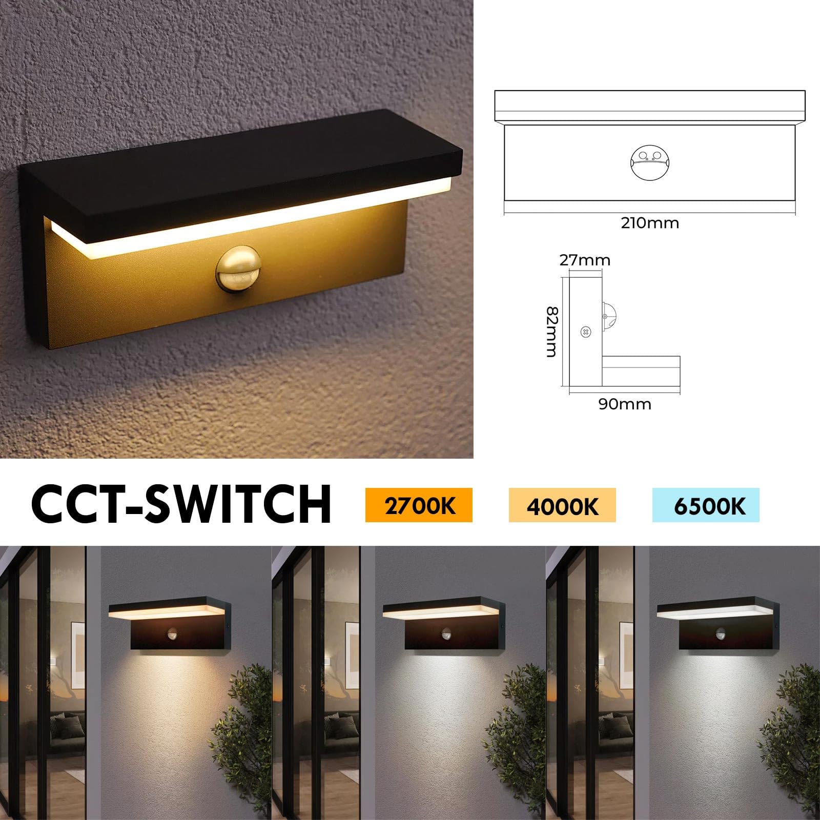 Planetitaly - Applique da Esterno LED 10W, Faretti Applique da Parete Lampada da Muro Colore Nero Design Moderno, Sensore di Movimento con Crepuscolare, Luce Resa 100W, Protezione IP54, 230V (CCT)