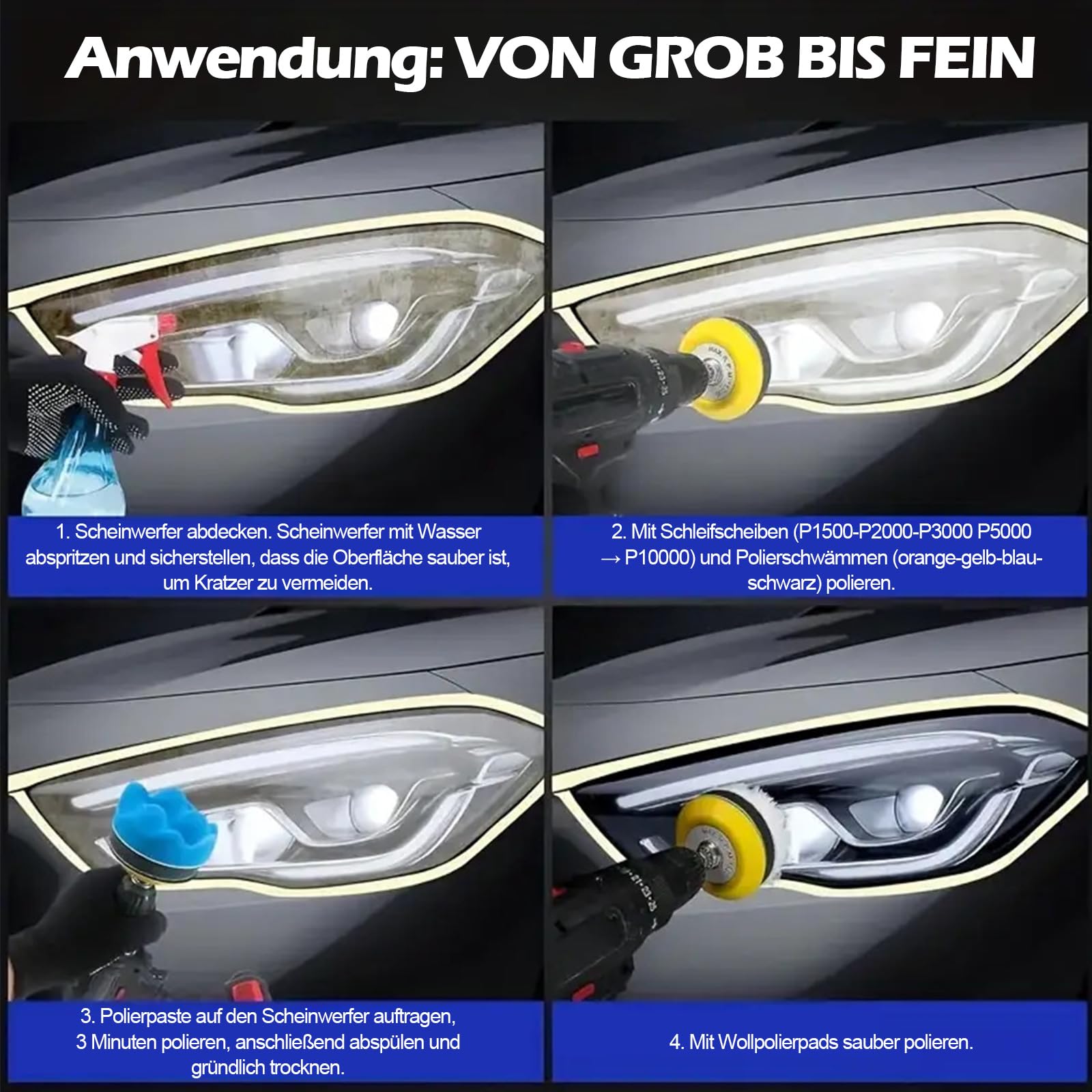 Set di 200 dischi abrasivi da 50 mm, set di dischi abrasivi in, per fari, carta vetrata, tamponi abrasivi asciutti bagnati e tamponi lucidanti con grana 60 – 10000 per avvitatore a batteria