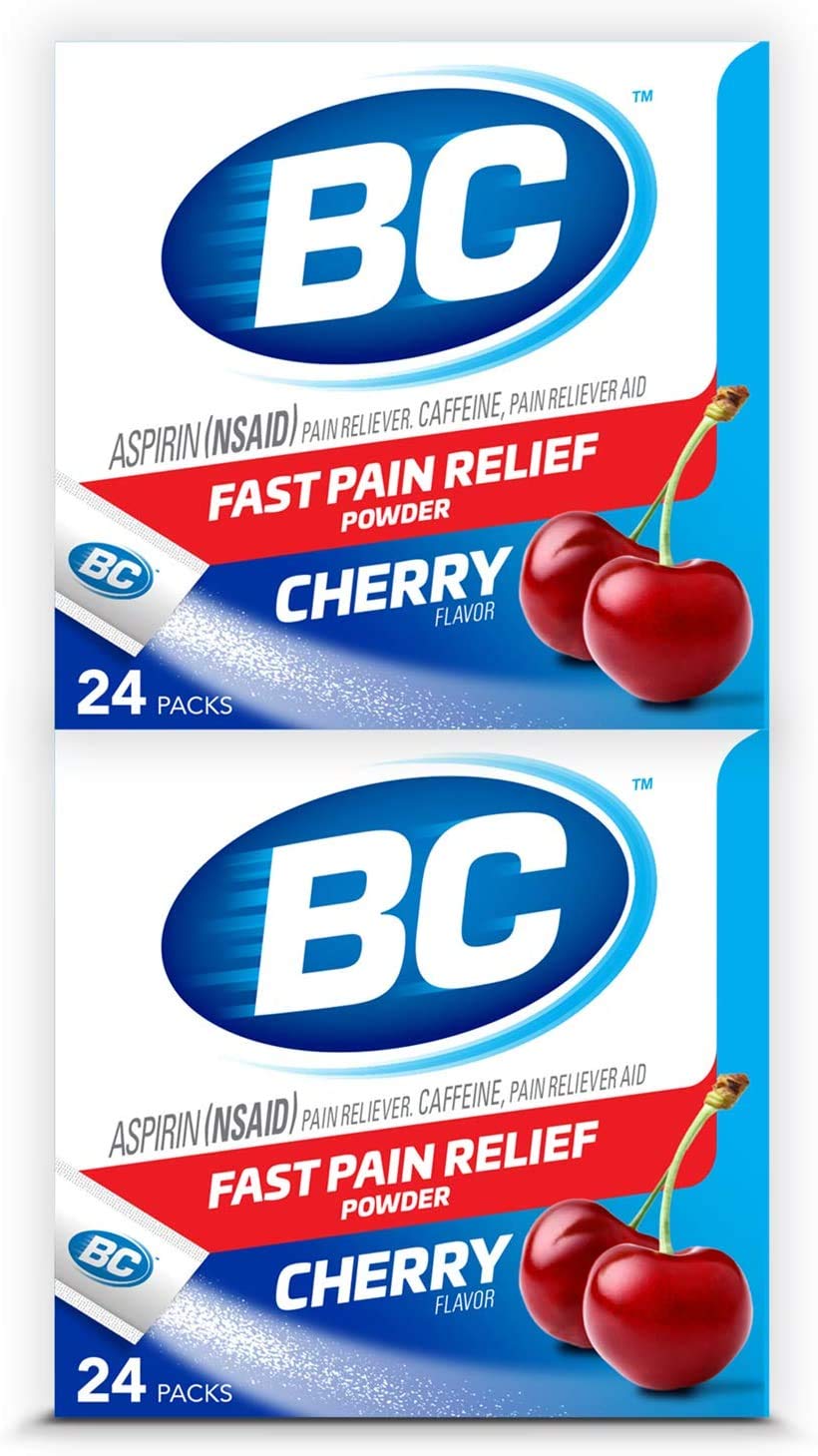 BC Powder Pain Reliever, Cherry Flavor Aspirin Dissolve Packs, 24 Count Powder Packets (2 Pack)