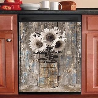 Vintage Wood Dishwasher Magnetic Cover For Door Front,Rustic Wooden Refrigerator Magnet Decor Sunflower Sticker,Country Wood Dishwasher Magnet Panel Decal For Fridge Home Appliance 23"x17"