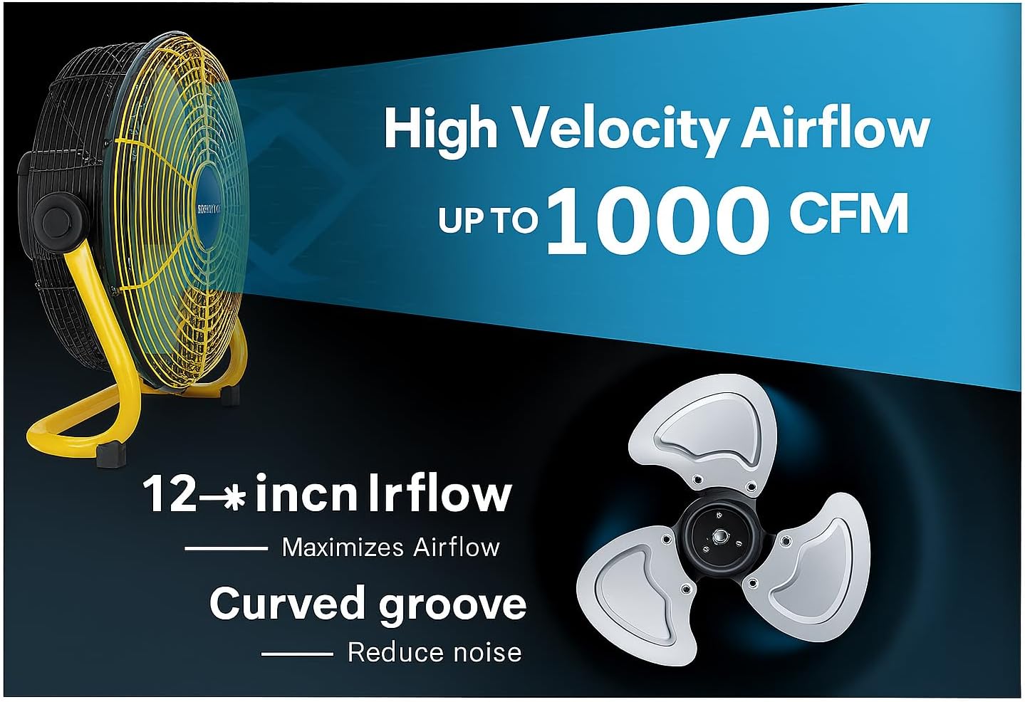 12” Rechargeable High Velocity Fan – 1000 CFM Airflow, 7500mAh Battery, Up to 20h Runtime, Fast Charging, 360° Tilt – Portable and Powerful for Outdoor Use