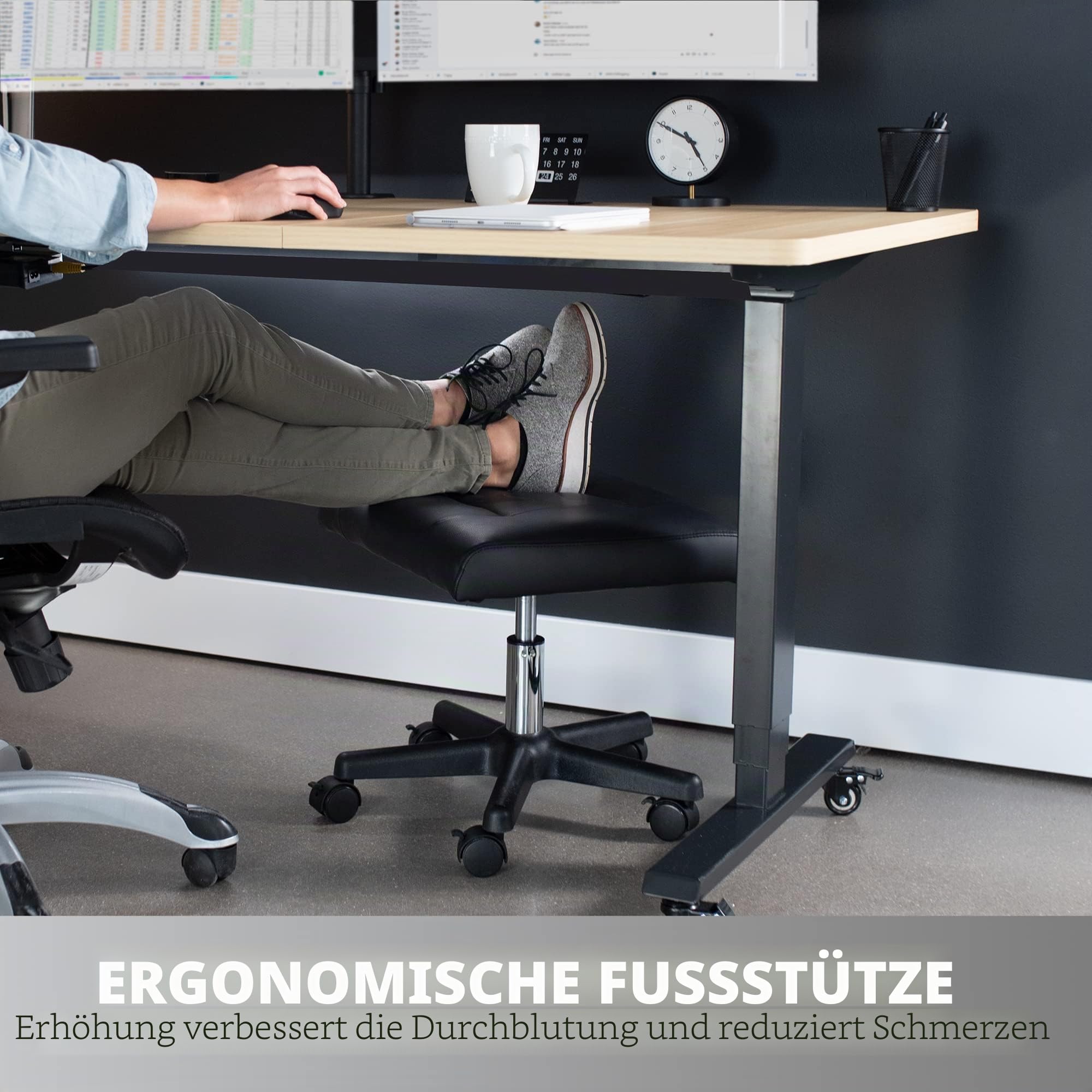 VIVO Mobile Fußstütze mit Rollen, Ergonomische Rollhocker Beinstütze für Arbeitskomfort, Höhenverstellbarer Computer-Schreibtischhocker mit dicker Polsterung, Bürositz, Schwarz, CHAIR-S04F | Roll-Ottomane, pneumatische Höhenverstellung, gepolsterter Fußho