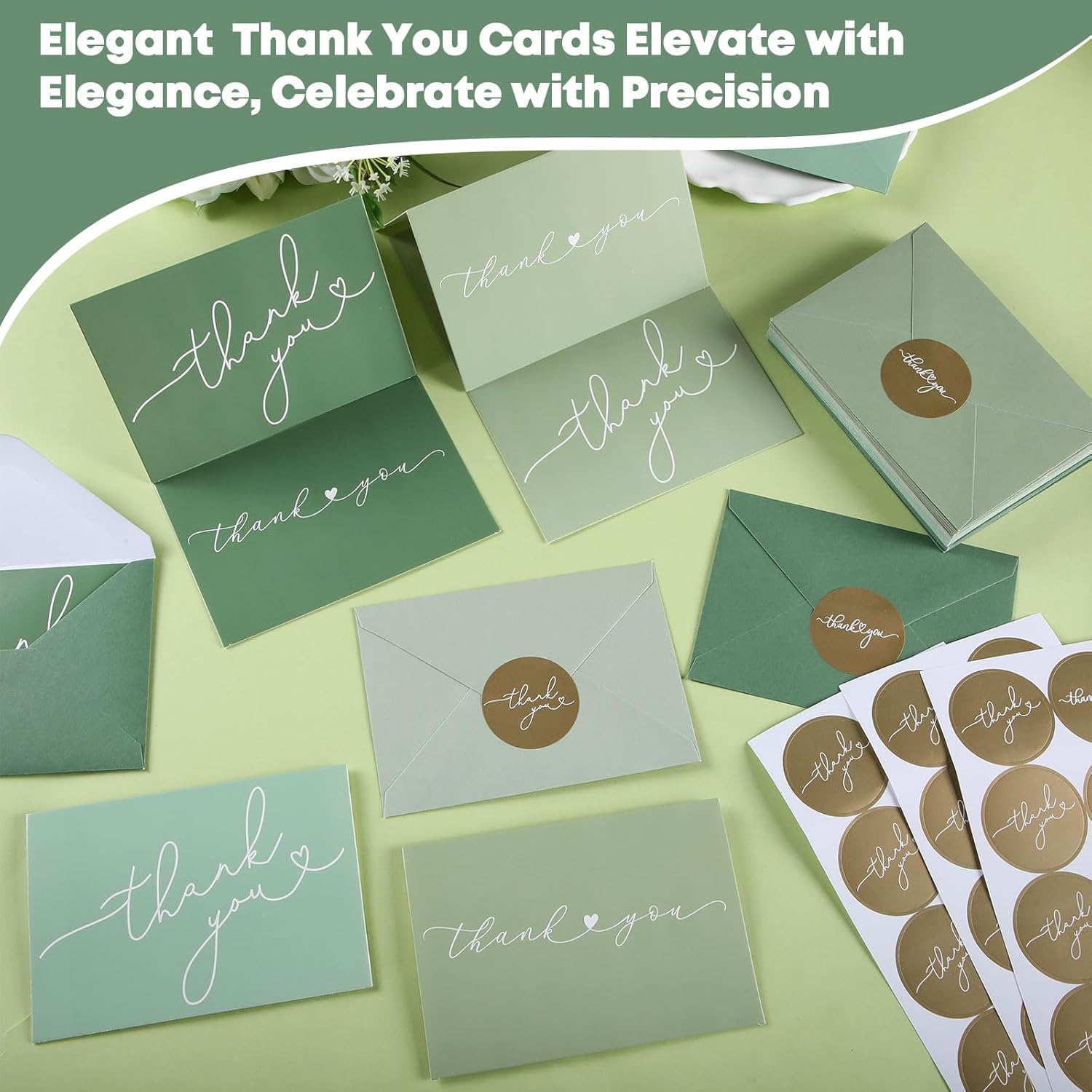 Supervitae 100 Pack Green Thank You Cards Bulk with Envelopes and Stickers 3.5 x 5 Inch Thank You Cards for Baby Shower Wedding Bridal Shower Business Holiday