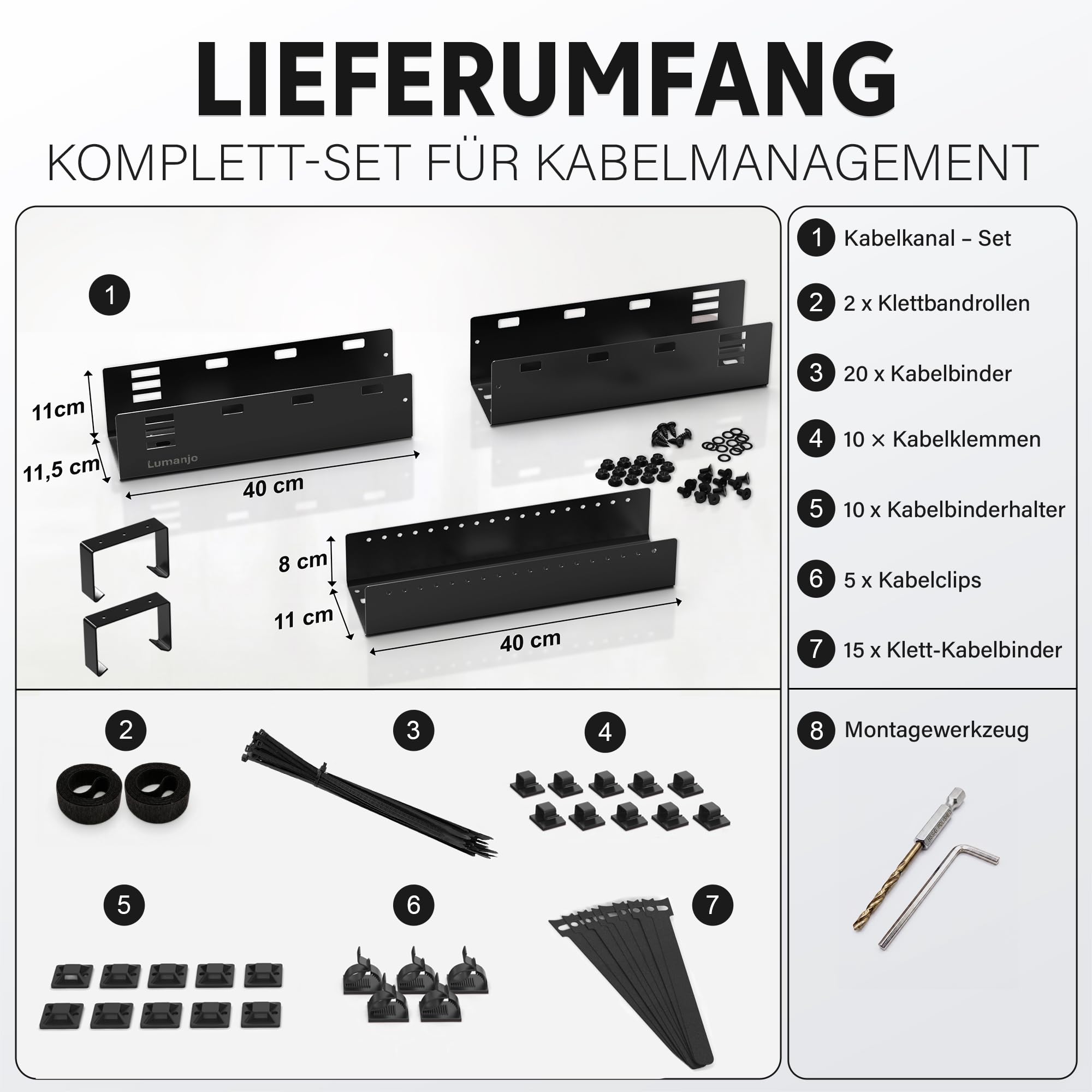 Kabelkanal Schreibtisch ausziehbar 80-112cm - Kabelwanne Schwarz | 3-fach höhenverstellbarer Kabel Organizer. Pulverbeschichteter Stahl. Komplett-Set inkl. 50+ Zubehör, bis 14kg belastbar.
