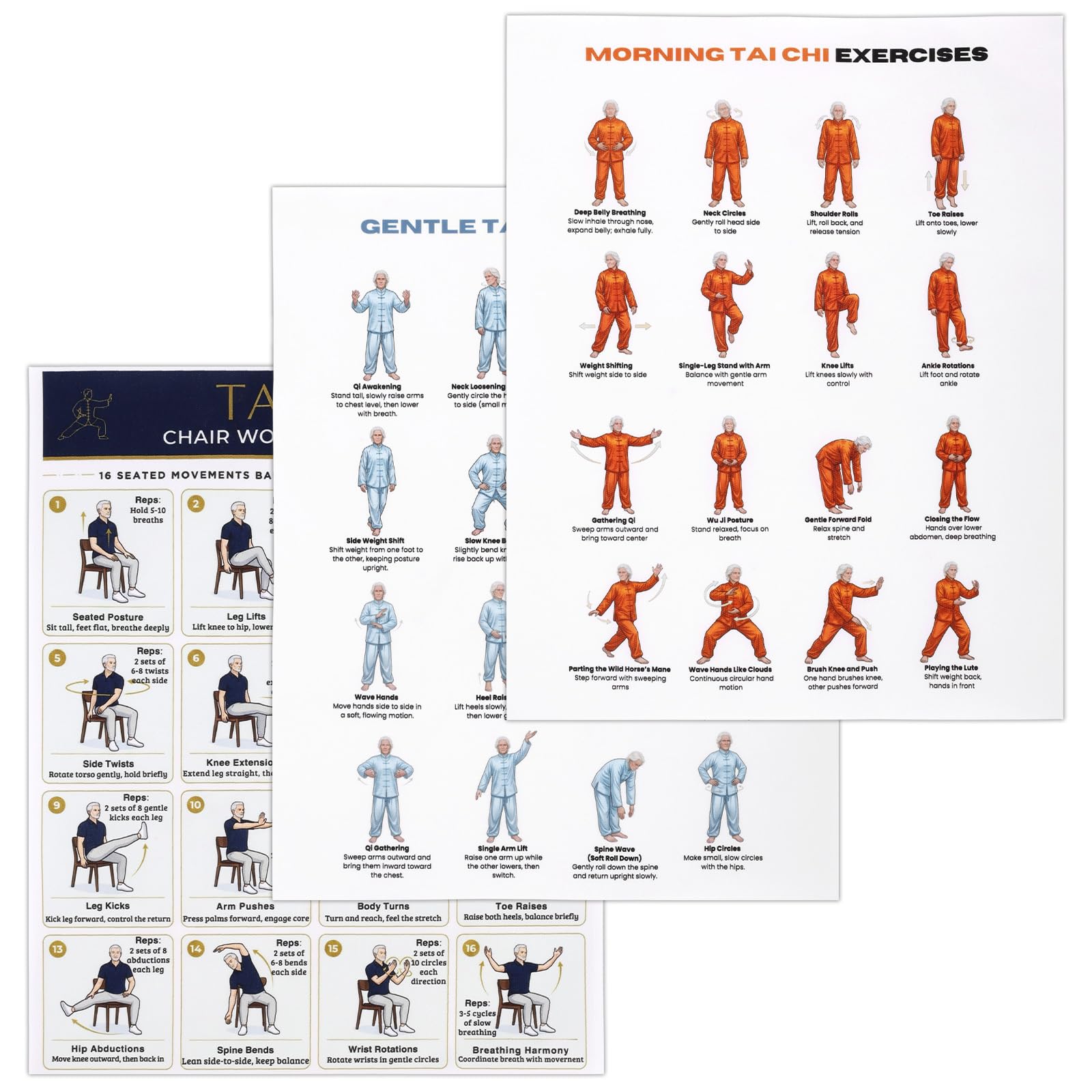 XIHIRCD 3pcs Tai Chi Chair Workout Chart Poster, 25.5x20.5cm/10.04x8.07in