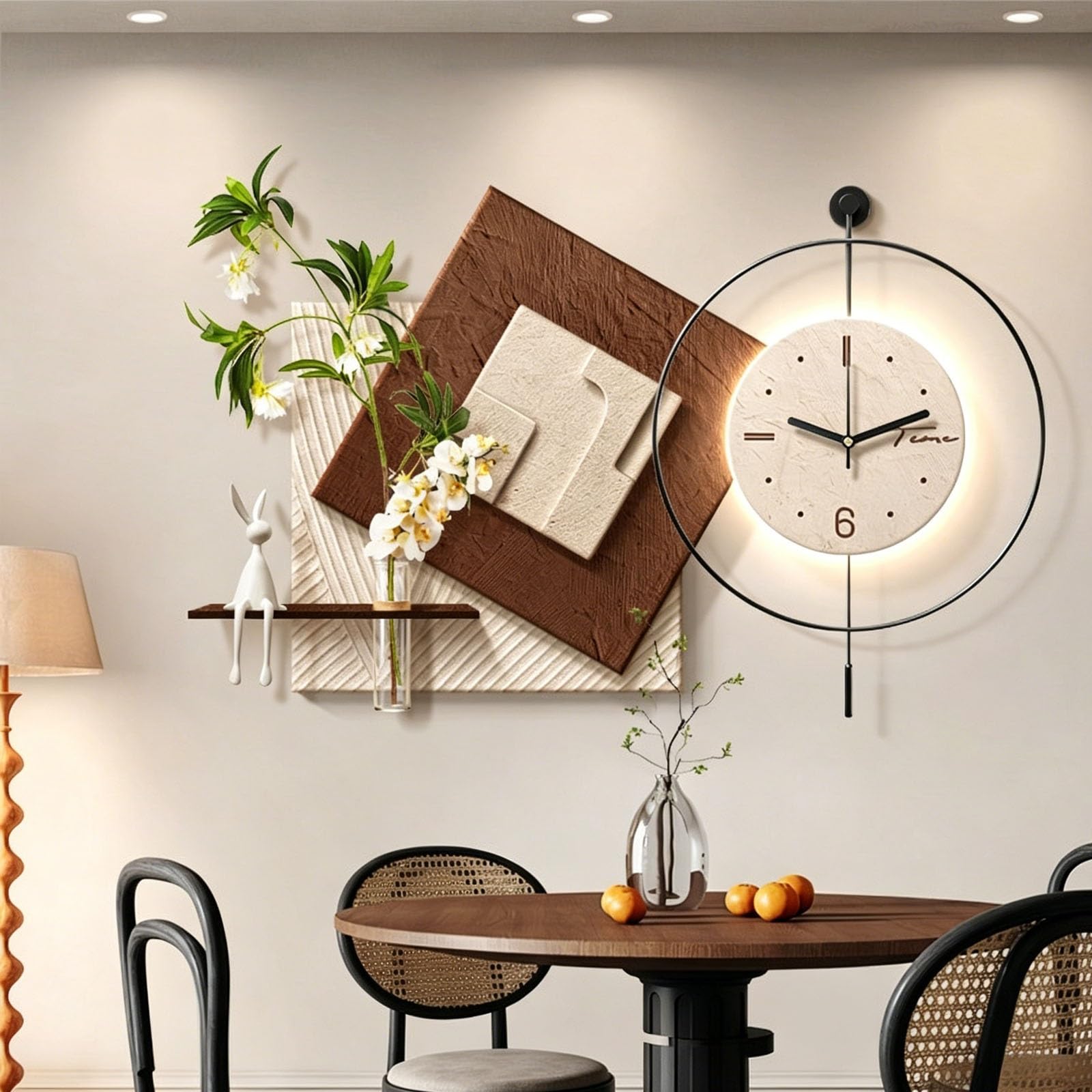 3D Sandstone LED Illuminated Wall Decor — Modern Aesthetic Hanging Clock & Suspended Art (Featuring Faux Greenery) — Decorative Wall Clock for Living Room & Bedroom(B,60*80cm/23.6*31.5)
