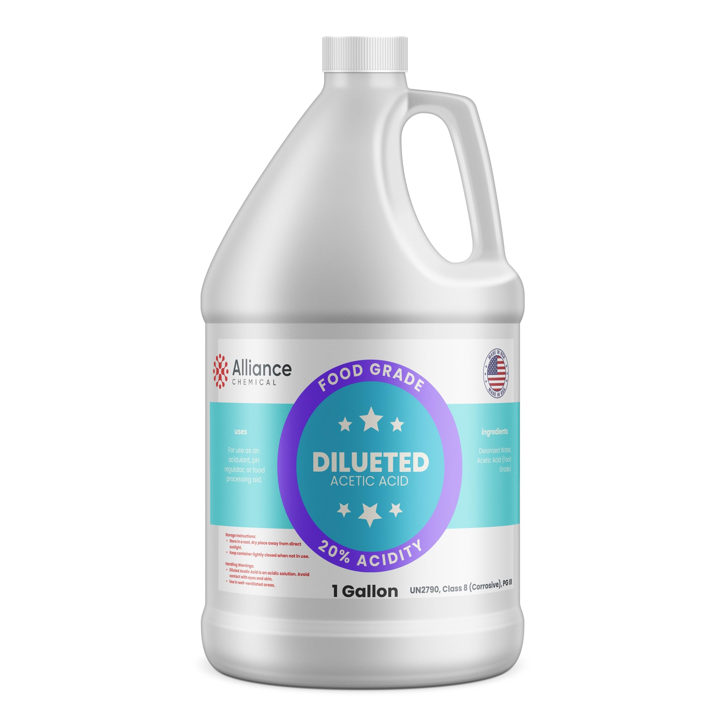 20% Diluted Acetic Acid Food Grade - 1 Gallon – for Industrial Cleaning, Metal Surface Preparation, pH Adjustment in Chemical processes, and as a Solvent in Manufacturing