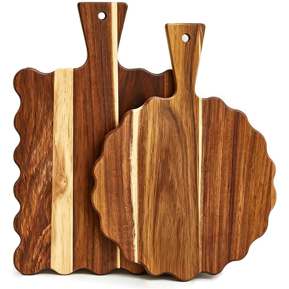 Aundhegrtt 2Pcs Wood Scalloped Cutting Board with Handle,for Kitchen Decor Charcuterie Boards Serving Tray,for Cheese Bread Pizza