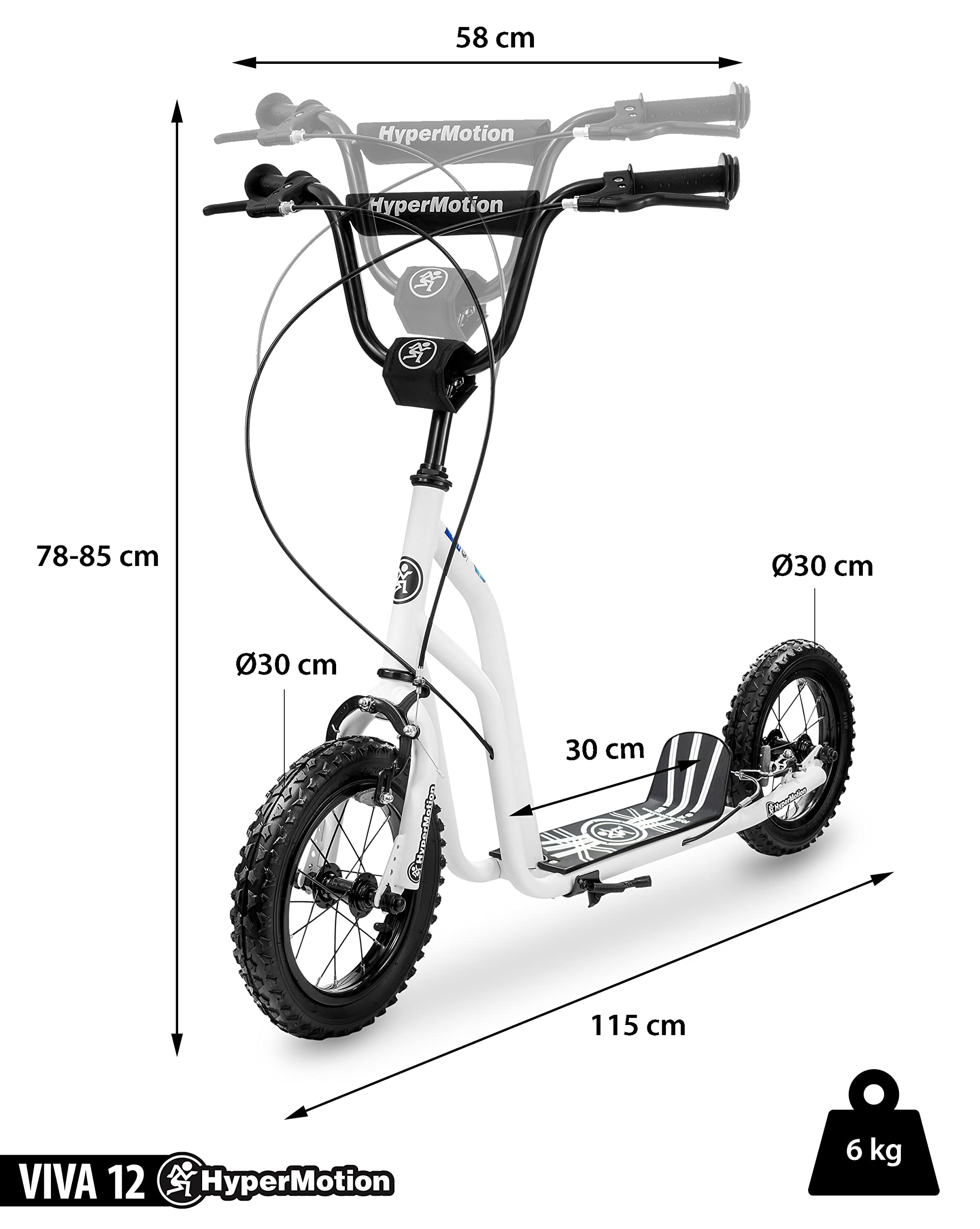HyperMotion Monopattino Viva - Per Bambini e Ragazzi 12-50 kg | Telaio in Acciaio Robusto, 2 Freni, Altezza Regolabile 78-85 cm | Ruote Gonfiabili da 30 cm | Colore Bianco