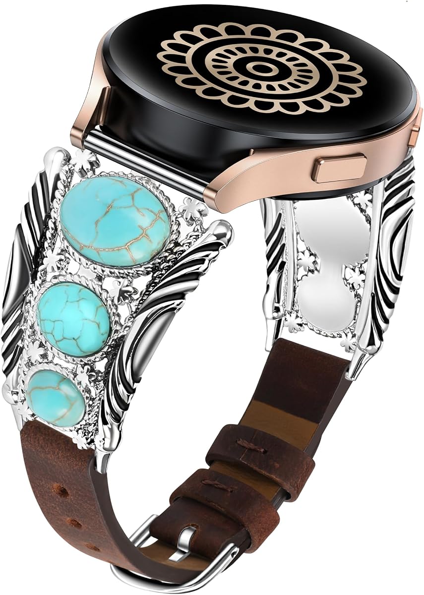 Correa de cuero compatible con reloj Samsung Galaxy 7/6/5/4/FE/Active 2 40 mm 44 mm/Reloj 6 Classic 43 mm 47 mm/Reloj 5 Pro 45 mm Correa mujer, Western Turquesa Boho Joyería vintage Correa de reloj de 20 mm