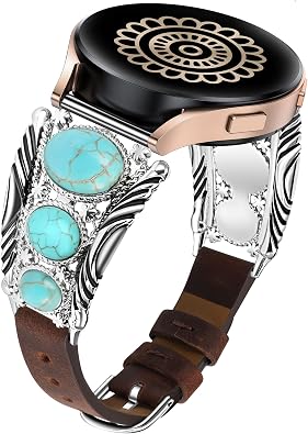 Minyee Leather Band Compatible with Samsung Galaxy Watch 7/6/5/4/FE/Active 2 40mm 44mm/Watch 6 Classic 43mm 47mm/Watch 5 Pro 45mm Band Women, Western Turquoise Boho Vintage Jewelry 20mm Watch Strap