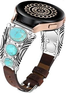 Minyee Leather Band Compatible with Samsung Galaxy Watch 7/6/5/4/FE/Active 2 40mm 44mm/Watch 6 Classic 43mm 47mm/Watch 5 Pro 45mm Band Women, Western Turquoise Boho Vintage Jewelry 20mm Watch Strap