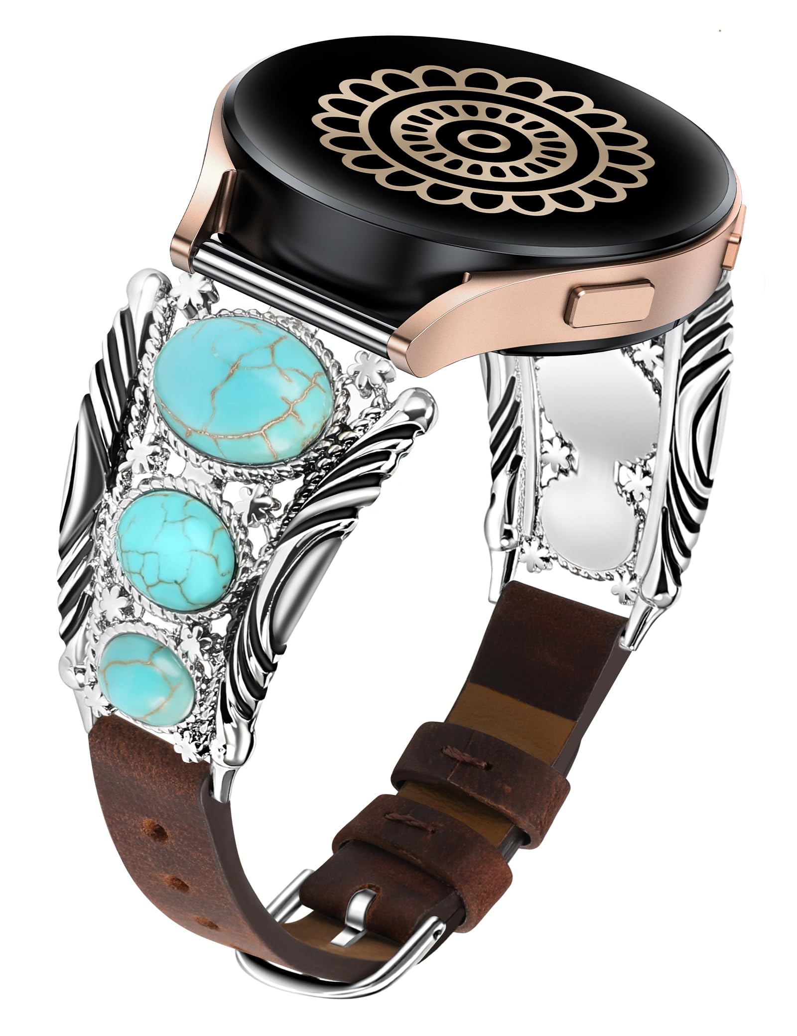 MinyeeLeather Band Compatible with Samsung Galaxy Watch 7/6/5/4/FE/Active 2 40mm 44mm/Watch 6 Classic 43mm 47mm/Watch 5 Pro 45mm Band Women, Western Turquoise Boho Vintage Jewelry 20mm Watch StrapClimatePartner certified