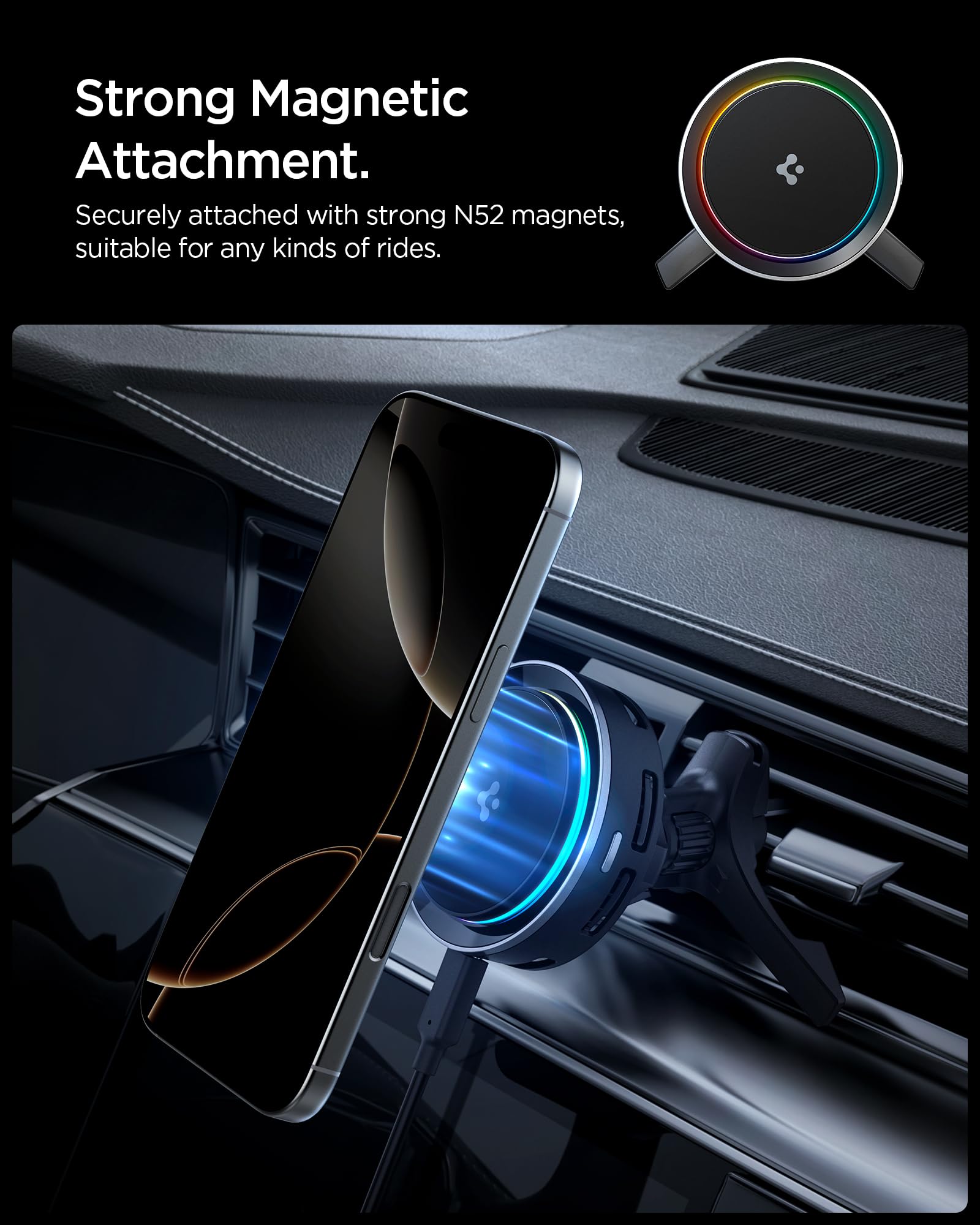 Spigen Essential CryoMax MagFit Qi2 15W Ricarica Wirelss Auto per Cellulare [Luce LED, Raffreddamento] Supporto Telefono MagSafe con Cavo Incluso Compatibile con iPhone 17/17e/16/15/14 e PixelSnap