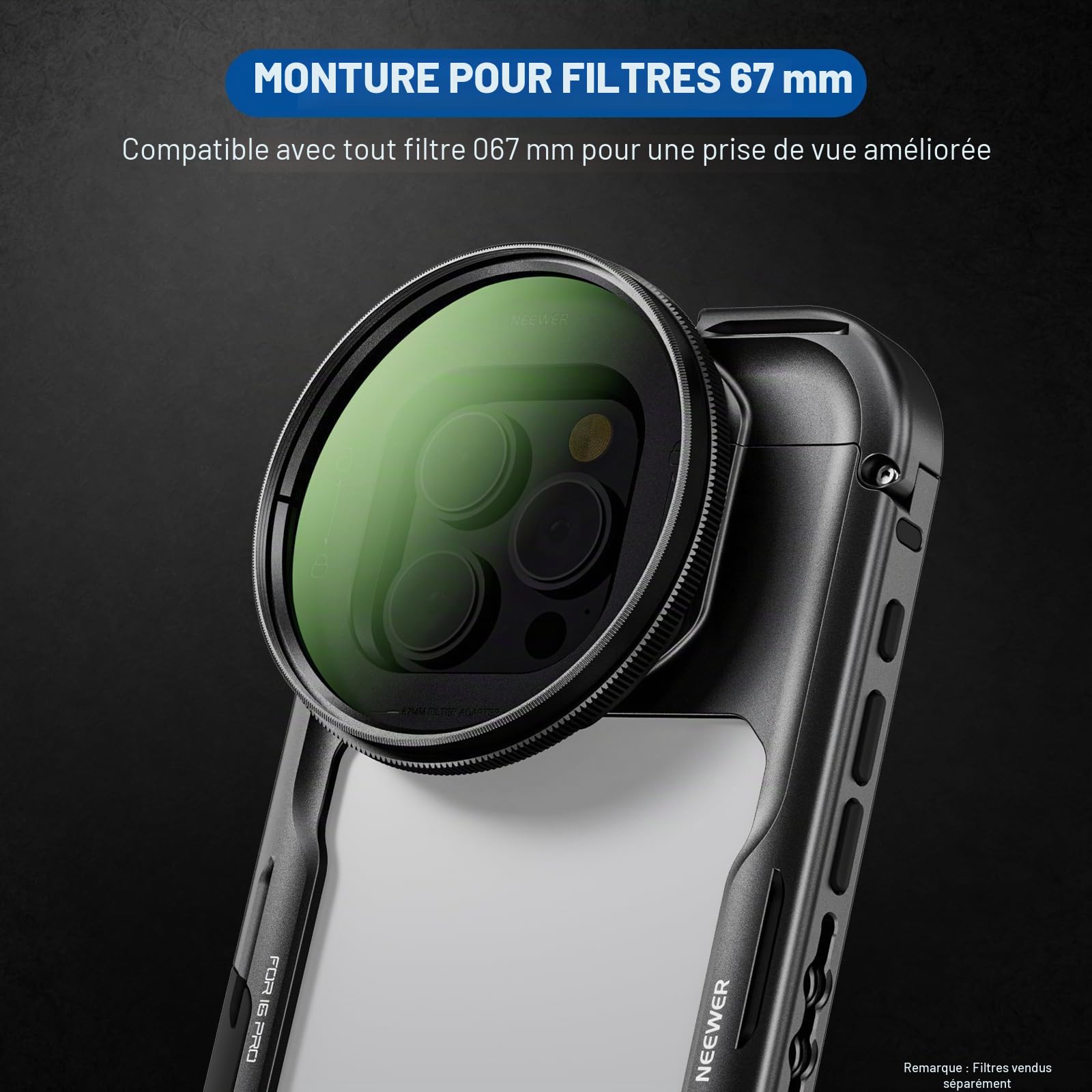 NEEWER Cage 16 Pro, stabilisateur vidéo à libération Rapide Compatible avec iPhone 16 Pro avec Adaptateur de Filtre de 67 mm, Plaque arrière d'objectif de 17 mm, Adaptateur d'objectif à Monture en T