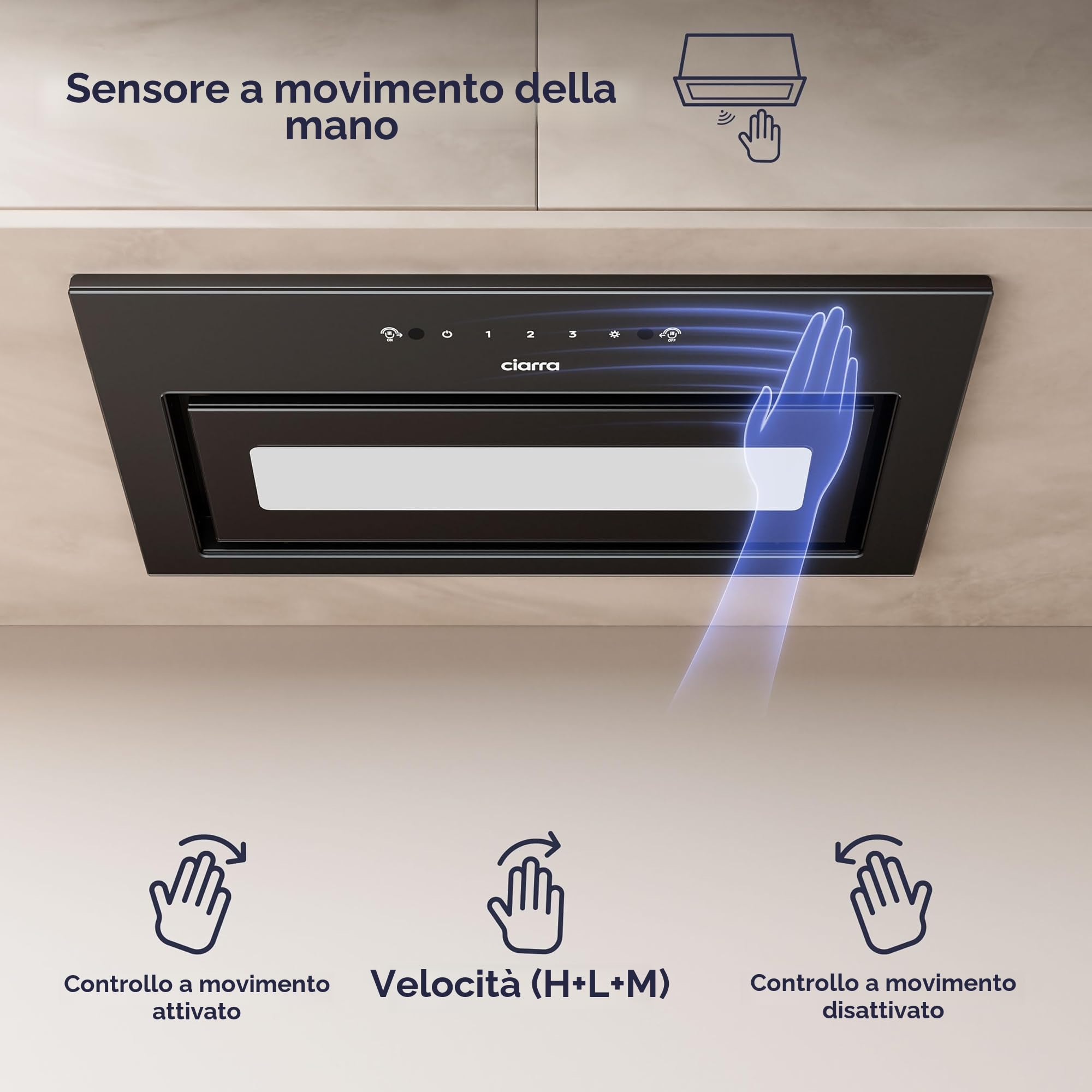 CIARRA CBCB5931B Cappa Aspirante Incasso 52cm Classe A- 469m³/h - Nero | 3 Velocità - Doppia Modalità -Controllo Gestuale-Facile Installazione-Con Carbone Attivo CBCF055 - Sottopensile Acciaio Inox