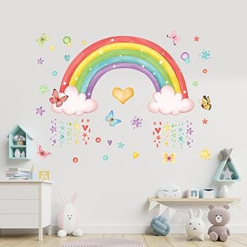 Rainbow Wall Decal, Large Rainbow Wall Sticker Colorful Raindrop Cloud Star Heart Butterflies rainbow wallpaper Peel and Stick Wall Art Sticker for Baby Kid Nursery Girl Bedroom Living Room Wall D cor