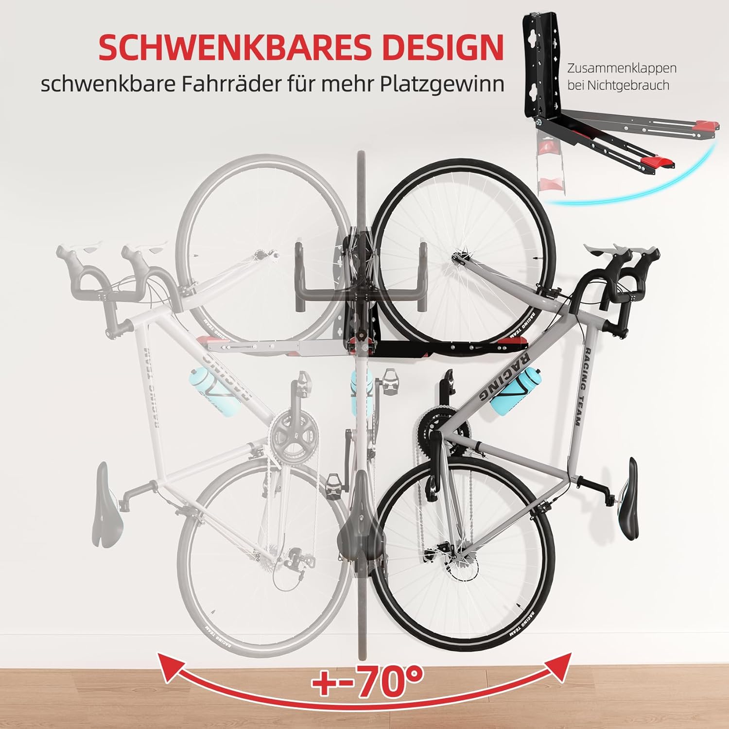 Urban Deco Swivel Bike Wall Mount,Adjustable Bike Hanger,Space Saving Bike Rack Garage,Easy to Load and Unload Bike Rack Wall Mount Can Hold Up to 77 lbs (Black+red 2PK)