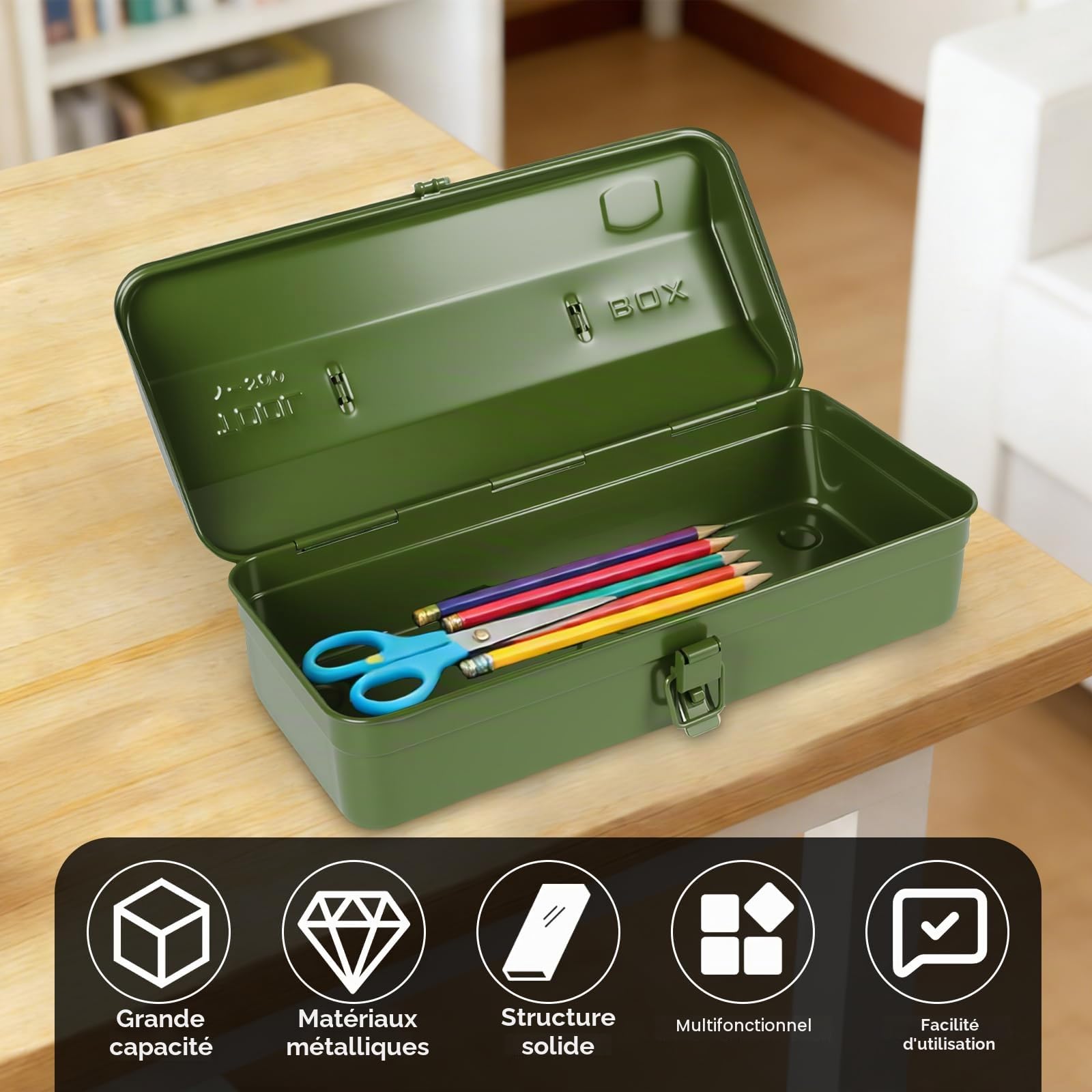Boite Outils Metal Verte, 37 × 16 × 12 cm, Caisse pour Outils avec Verrouillage à Pression et Poignée Ergonomique, Boîte à Outils Portable pour Atelier, Maison, Usage Quotidien