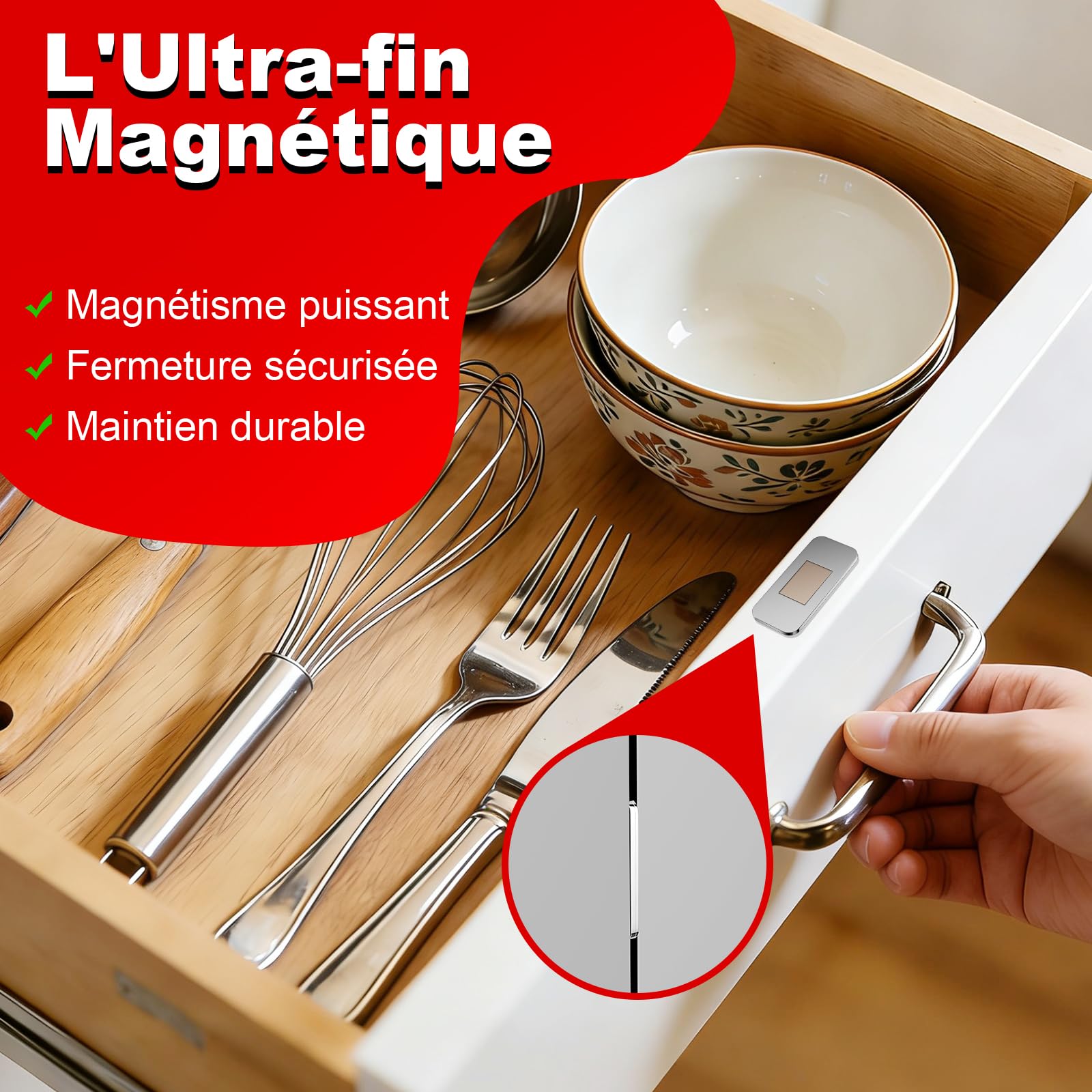 PHIXBEAR Aimant Porte Placard Ultra Mince Sans Perçage - Lot de 4 Loqueteau Magnétique Adhésif Puissant en Acier Inoxydable pour Cuisine, Armoire, Tiroir, Camping-Car - 40x20mm