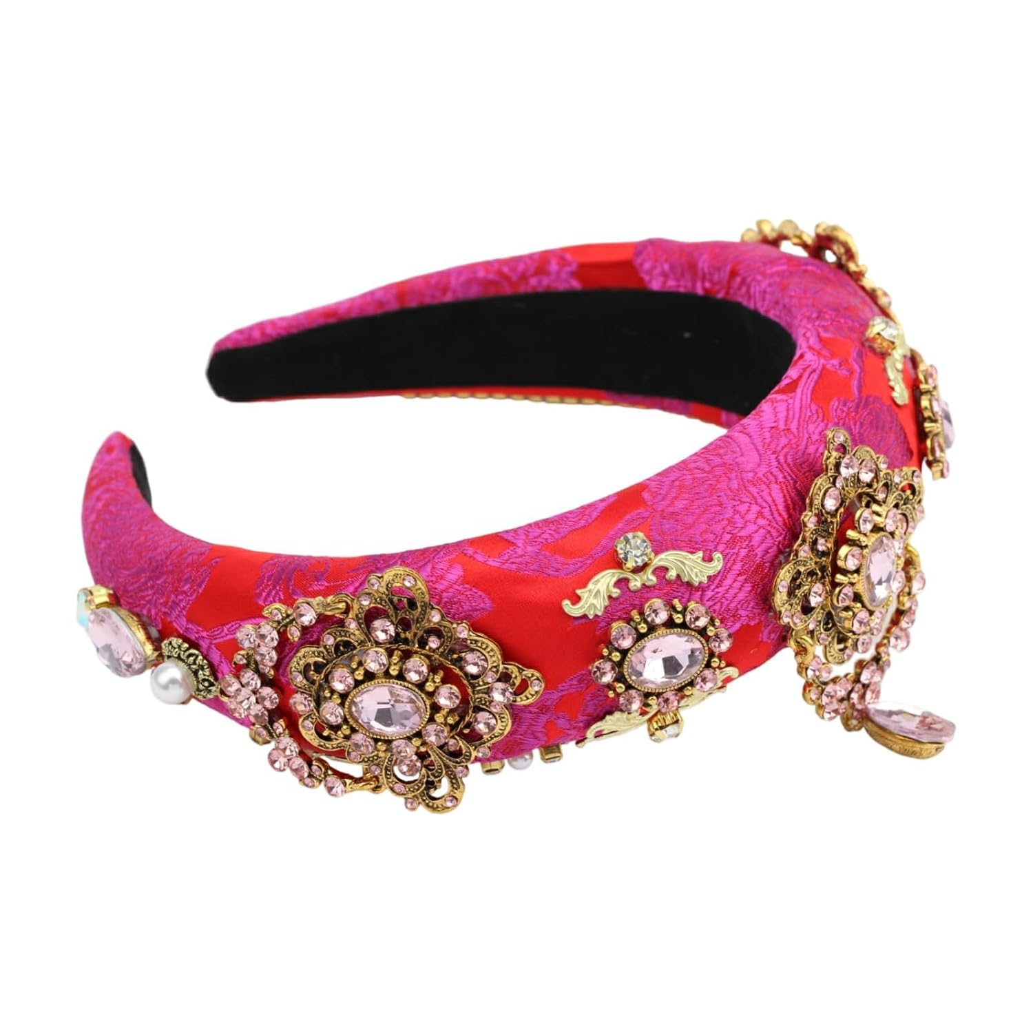 Big Crystal Flower Headband for Women Rhinestone Pearl Luxury Decorative Bead Royal Sponge Hairband Hair Hoop Accessories (H1128-rosy)