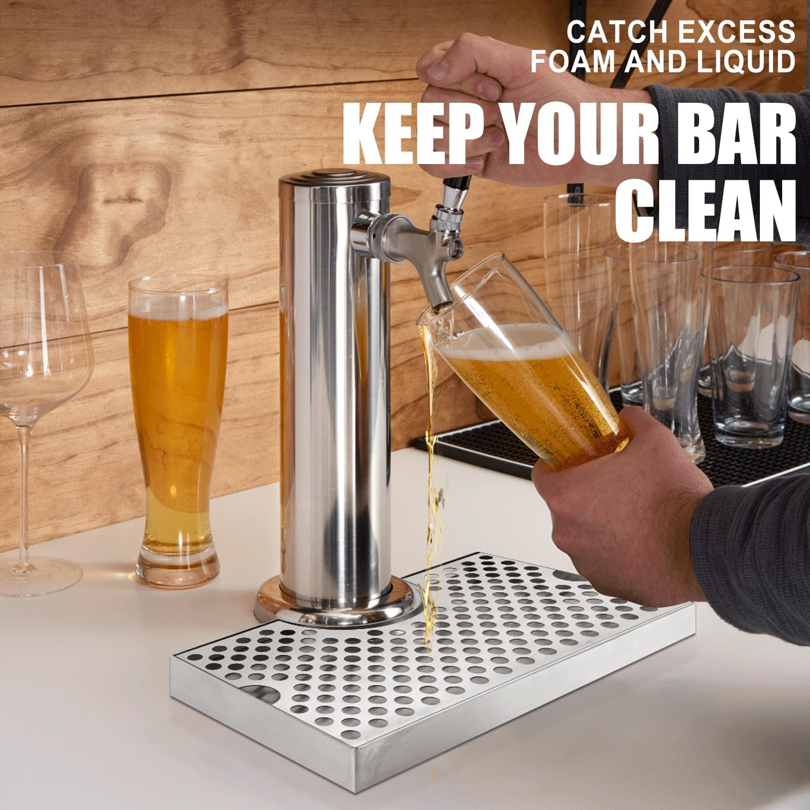Bandeja de goteo de acero inoxidable para grifo de cerveza, bandeja de goteo de barril de cerveza con drenaje para torres de cerveza, bandeja de goteo Kegerator fácil de limpiar para el hogar, pub