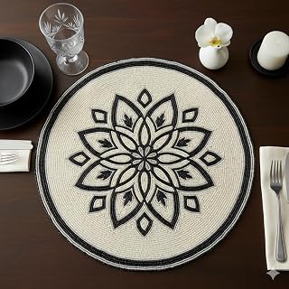 Set of 2 Handmade Beaded Placemat 14x14 inch, Round Cream and Black Lotus Floral Table Mat, Decorative Beaded Charger for Dining Table, Elegant Handcrafted Glass Beadwork Centerpiece