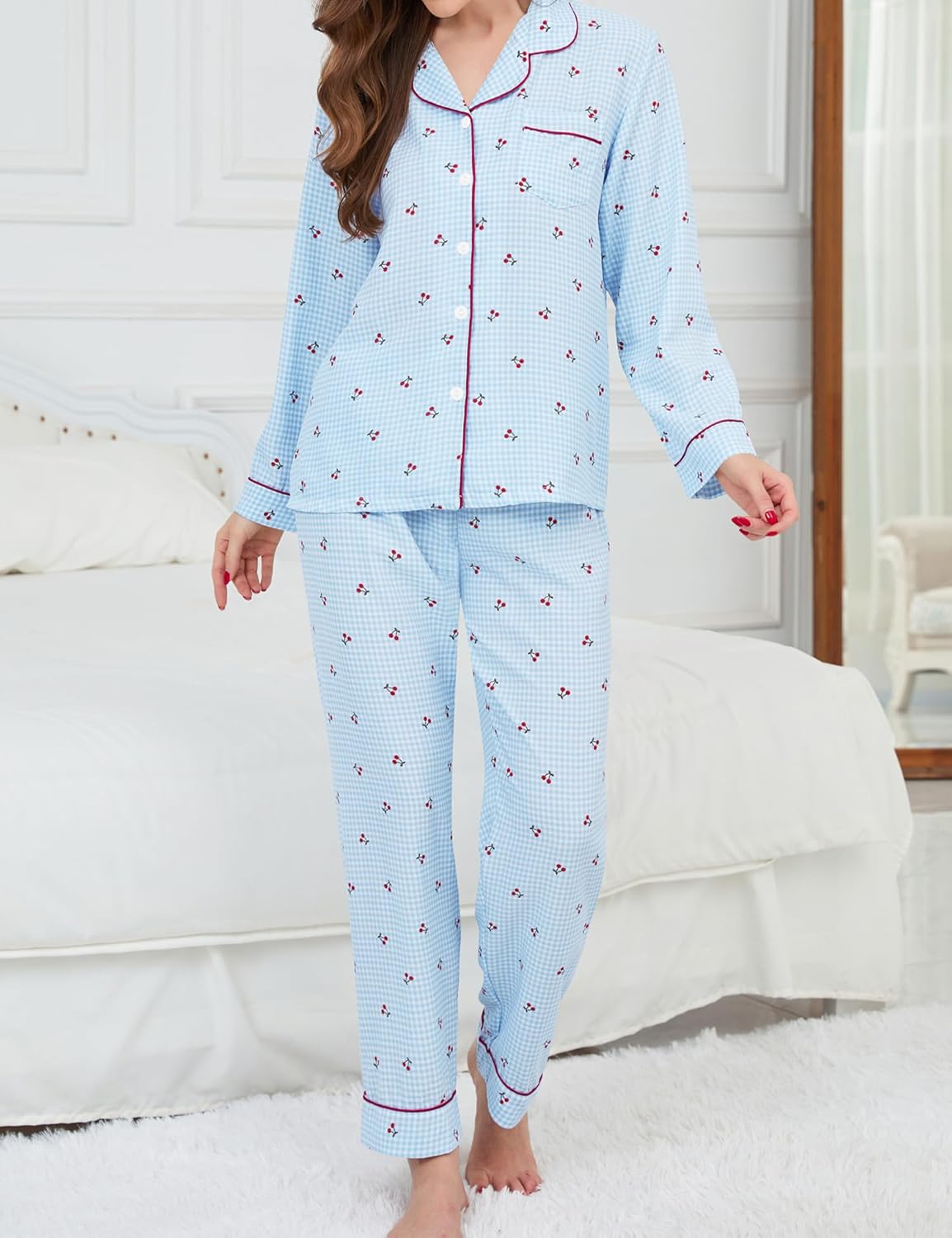 SWOMOG Pajamas for Women Sets 2 Piece Button Down Printed Pjs Long Sleeve Shirt and Pants Fall Sleepwear Cute Loungewear - Image 4