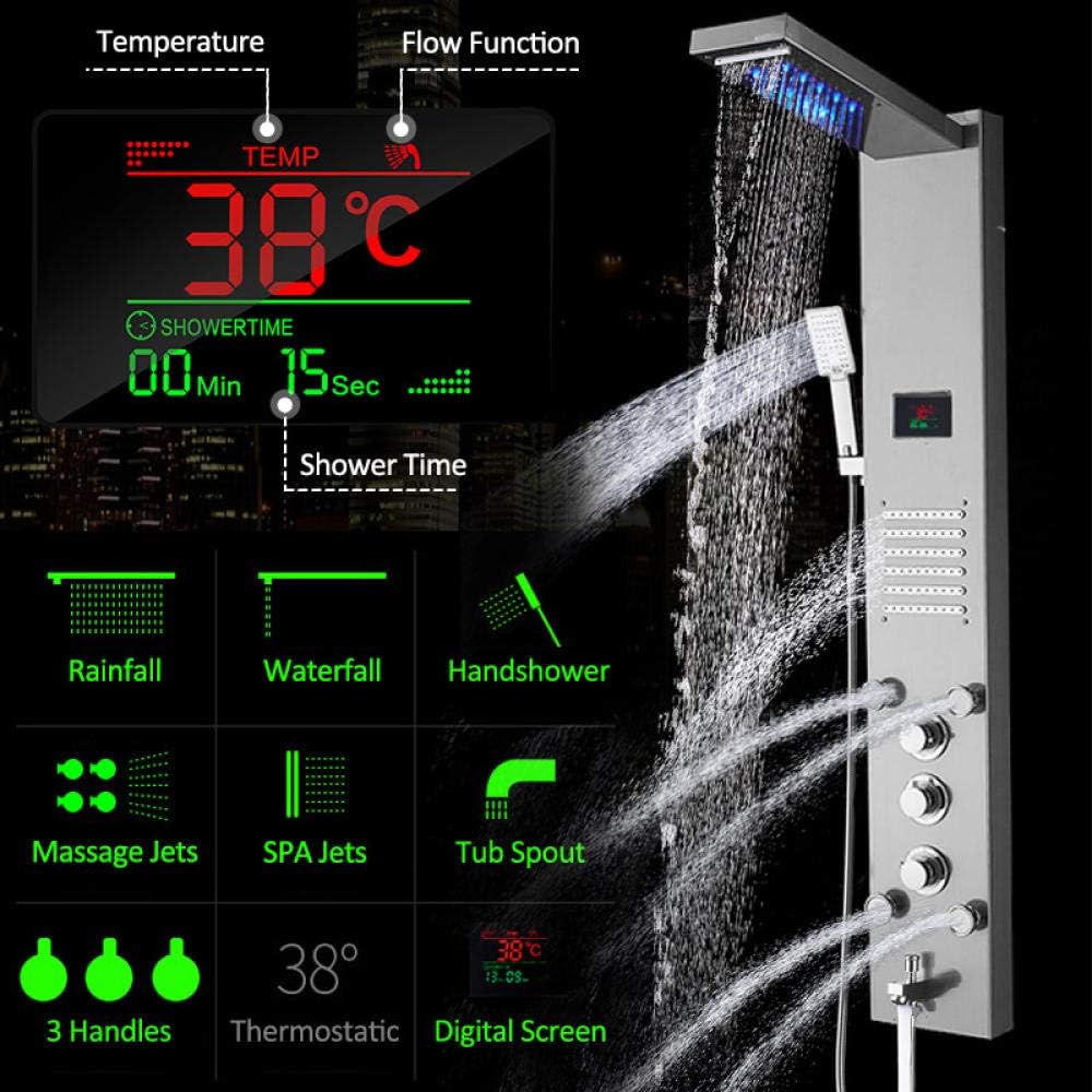 LED Shower Panel Rain Waterfall Shower Temperature Screen Massage SPA Jet Three Handles Mixer Tap Sink Faucet Set-Brushed Nickel (Brushed Nickel)