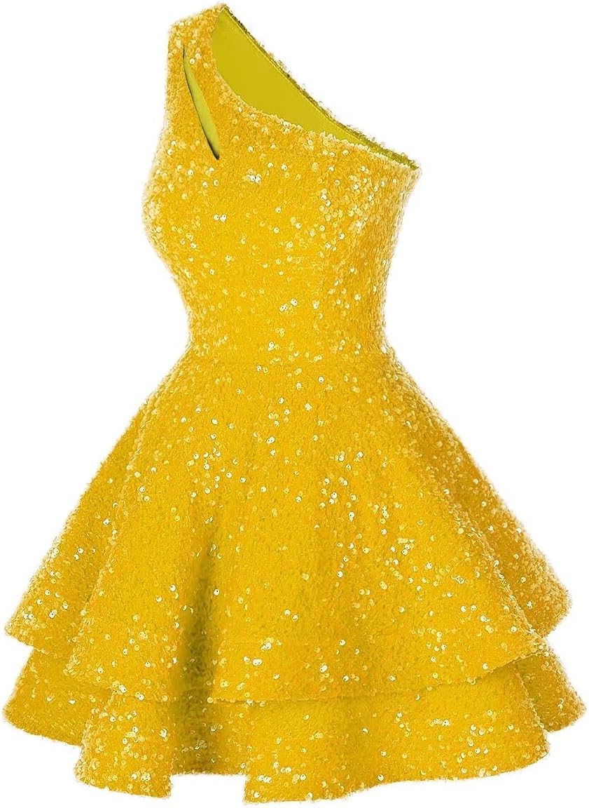 WaterDressSparkly One Shoulder Homecoming Dresses for Teens Sequin Tiered Short Prom Cocktail Gowns WD110