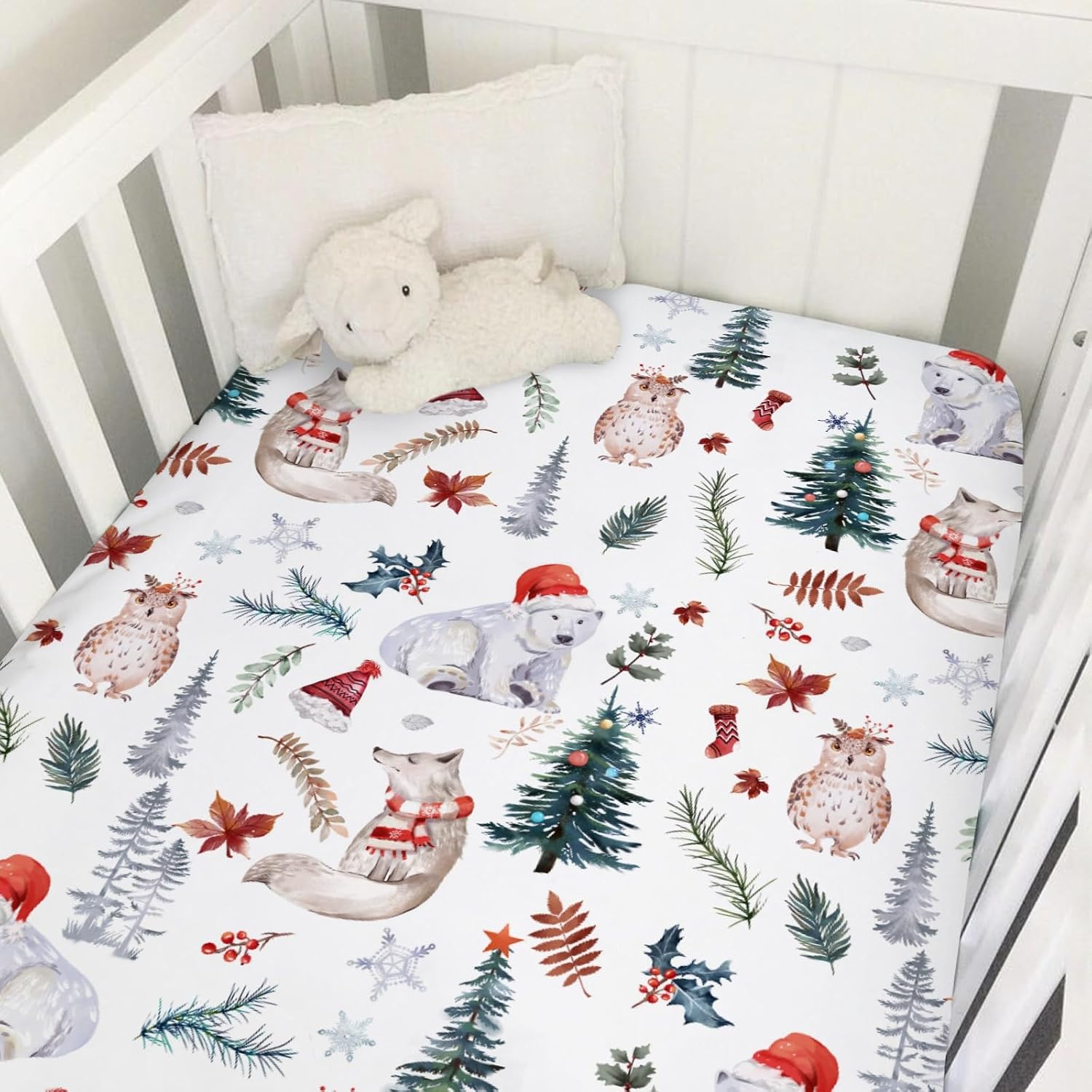 Cute Animals Baby Crib Sheet 52''x28'' Christmas Animals Bear Owl Tree Fir Leaves Snowflakes Fitted Crib Mattress Cover Boy Girl Winter Holiday Bed Sheets for Standard Crib Toddler Mattress
