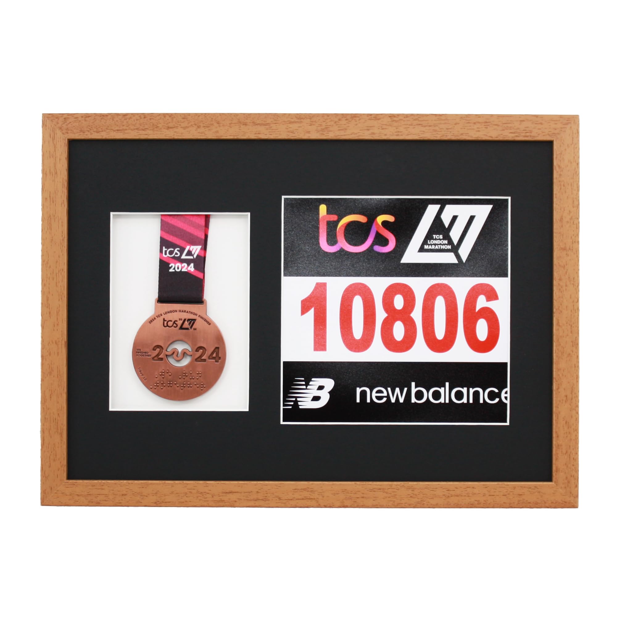 Marathon Medal Display Frame. Designed to showcase a running medal and a 20x20cm sized race number (Oak Frame - Black Mount)