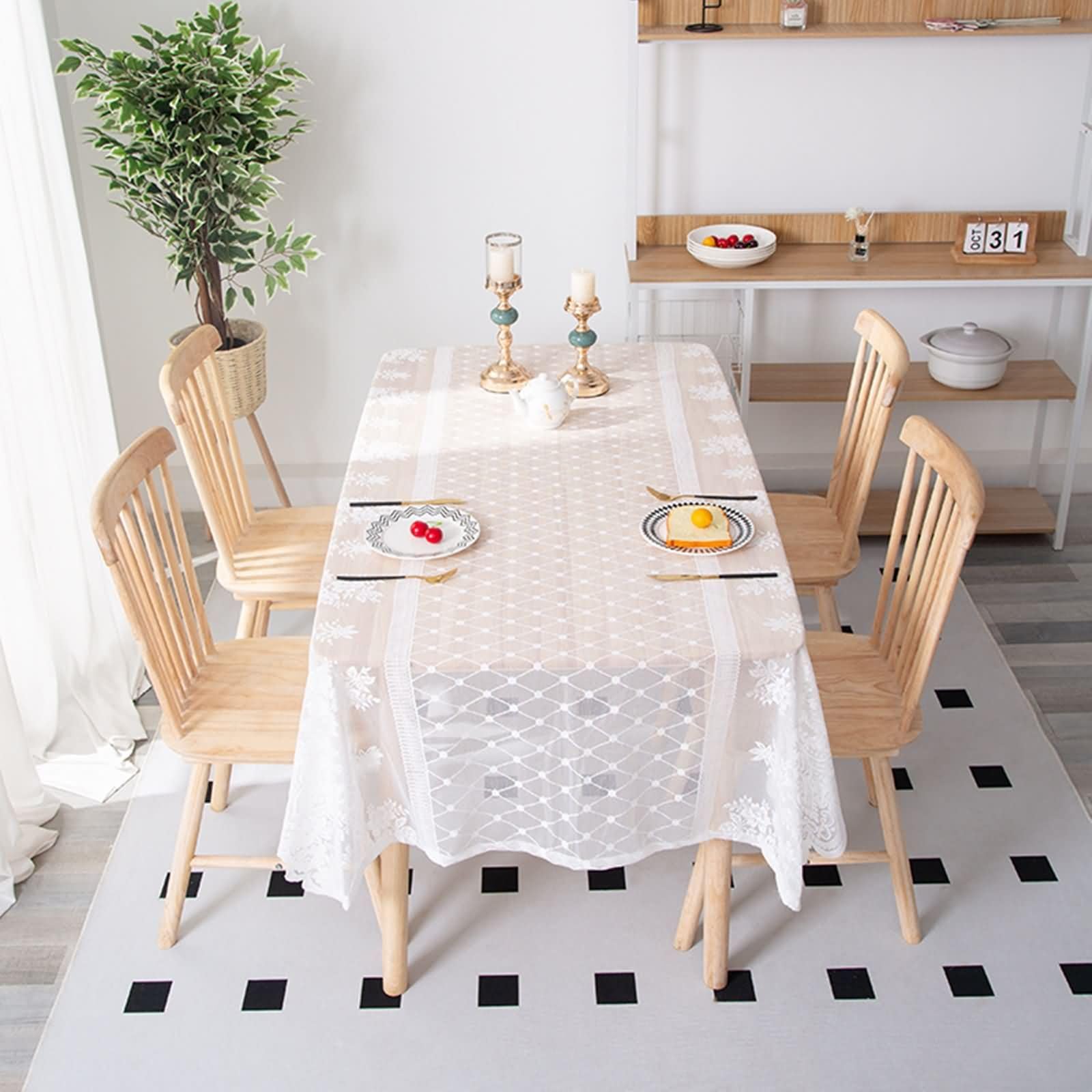 Nappe rectangle 140x210 cm blanche en polyester brodé pour décoration de table