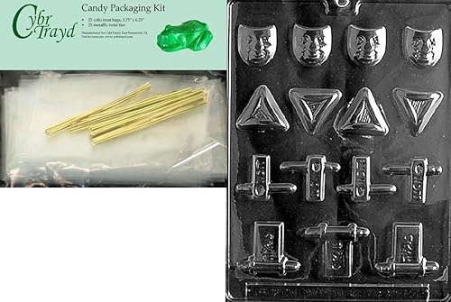 Cybrtrayd Surtido de moldes de chocolate Purim con paquete de embalaje de chocolate, incluye 25 bolsas de violonchelo, 25 lazos dorados e