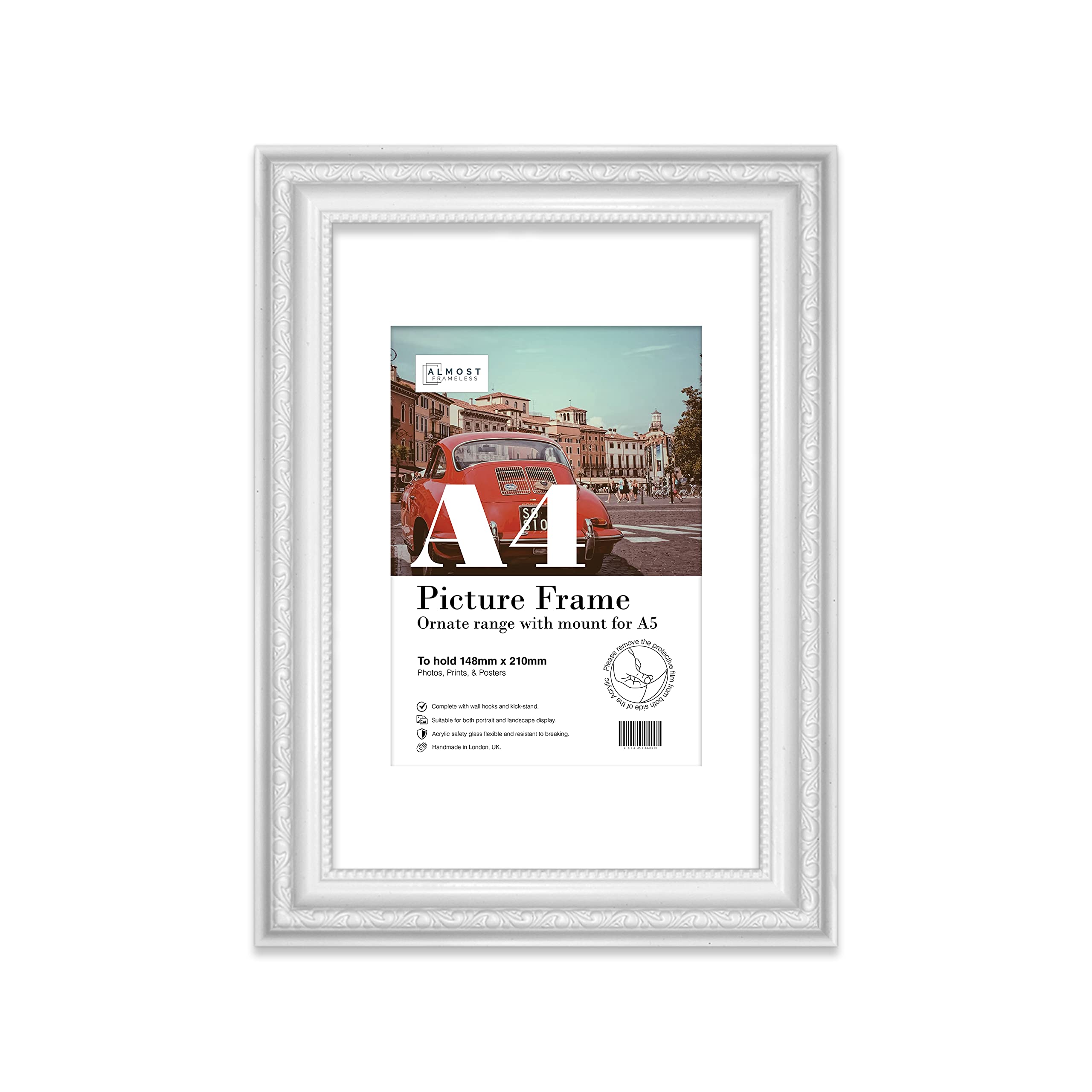 A4 White Ornate Picture Frame (29.7 X 21Cm) With Mount For A5 PosterPhotoArtworkGallery Wall Or Print from B&Q