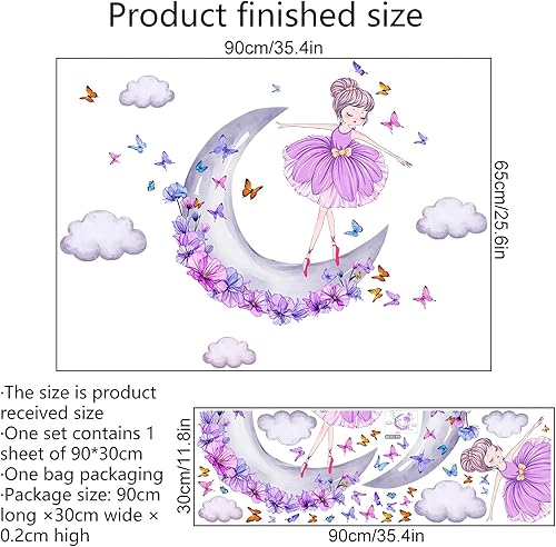 Miniatura 5 de Preciosas calcomanías de pared de mariposa de niña de luna morada y nubes, calcomanías de pared de arte de sacinora Art removibles para guardería