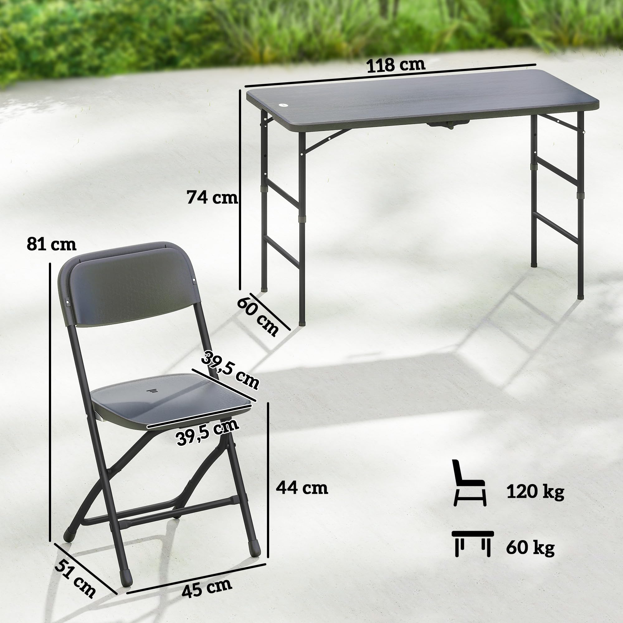 Outsunny Conjunto de Mesa y Sillas Jardín de 5 Piezas, Muebles de Jardín Exterior con Mesa Plegable Ajustable de 55 a 74 cm, 4 Sillas Plegables y Encimera de HDPE, para Terraza Patio, Gris Oscuro