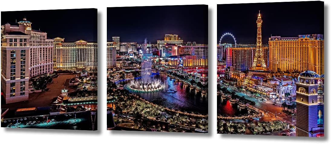 Wall Art Painting Las Vegas Strip Night Scene Pictures with Framed Paris Tower Landscape Print on 3 Pcs Canvas for Home Decoration Skyscrapers Painting Stretched Framed Ready to Hang(28.5"Wx12.8"H)